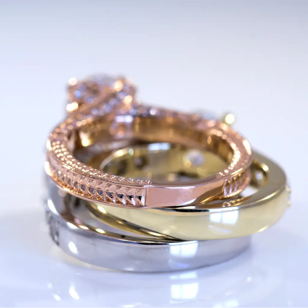 Quorri uses solid 14k white yellow rose Gold and 950 Platinum settings