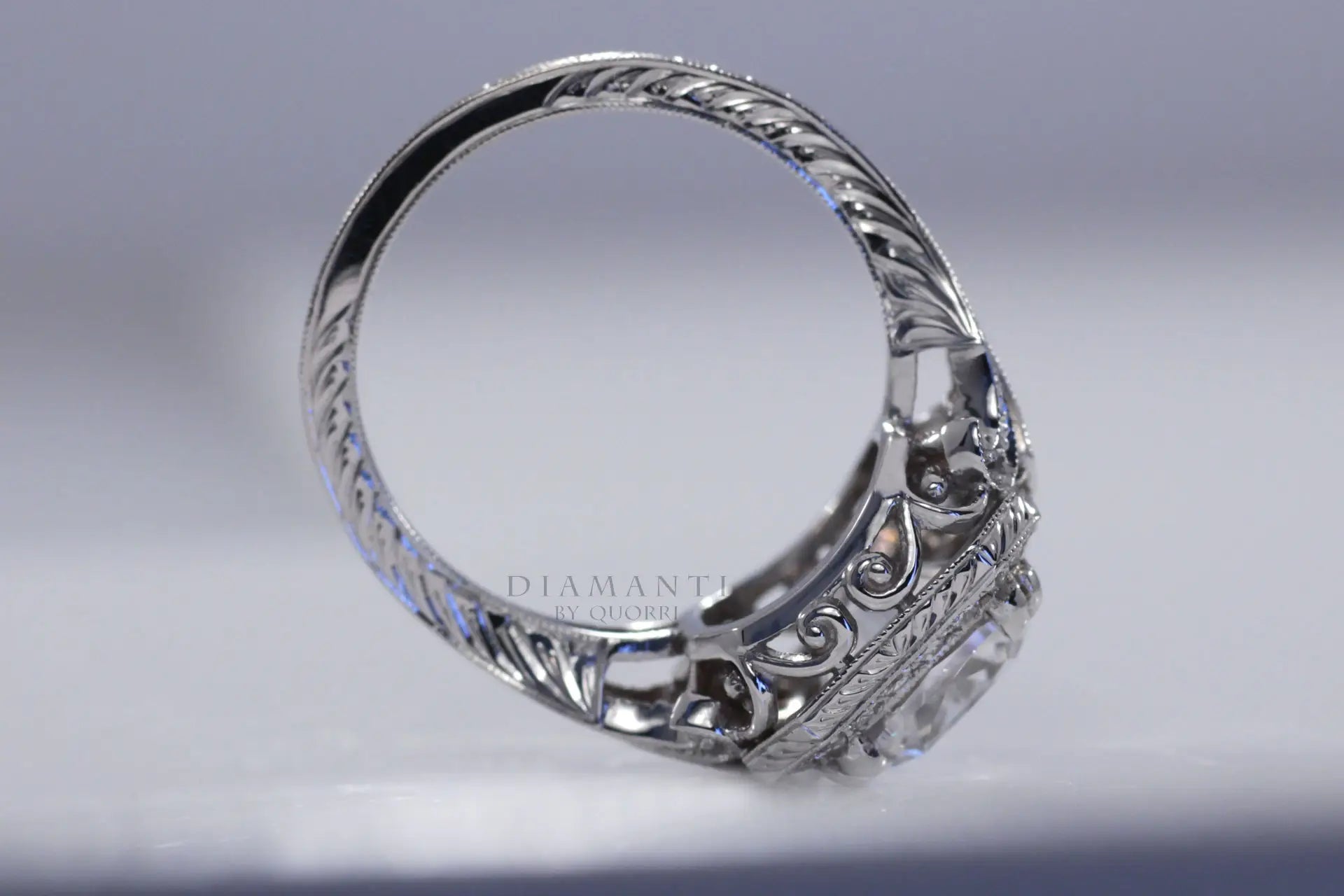 affordable antique dual prong filigree cushion lab diamond engagement ring Quorri