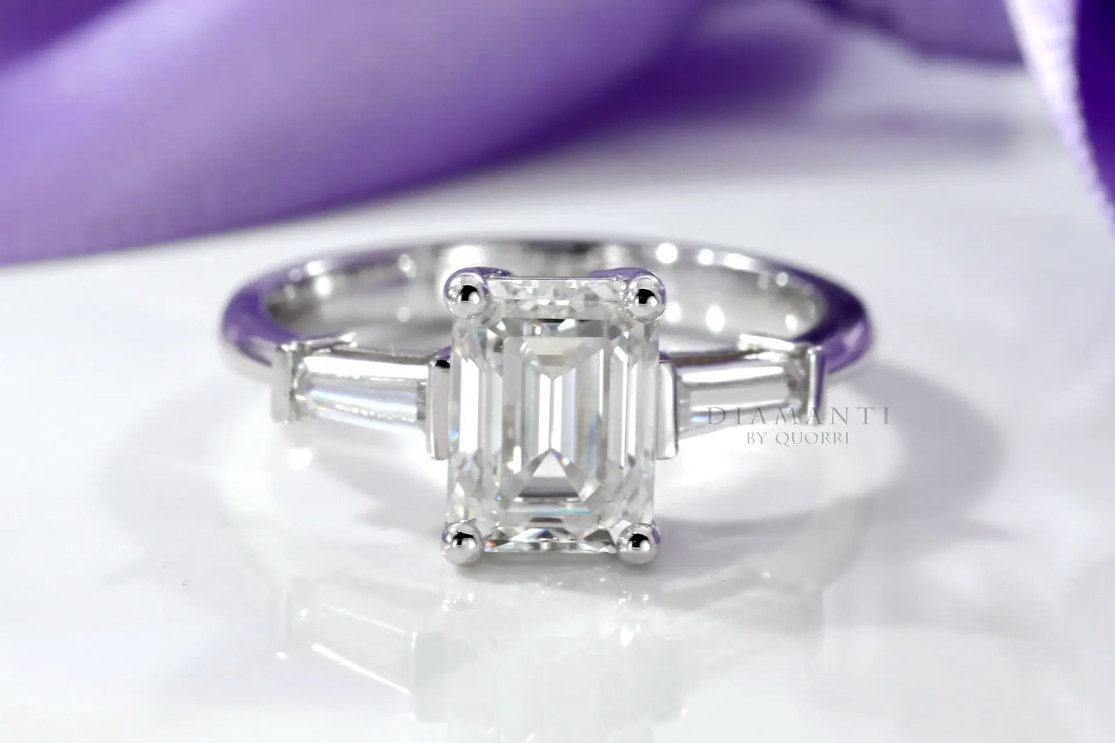 white gold 3 carat emerald and baguette three stone lab emerald cut diamond engagement ring Quorri