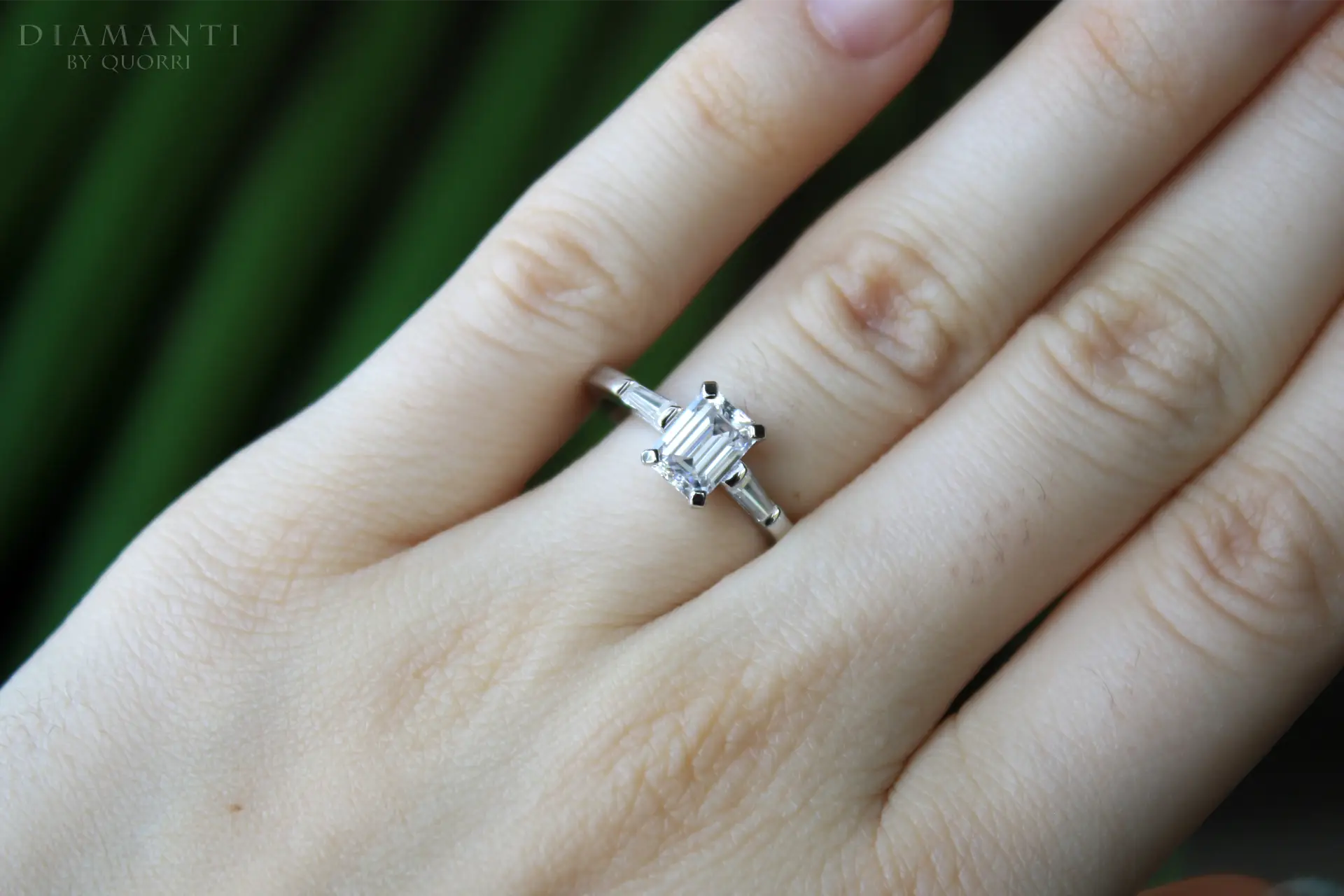1.5 carat white gold emerald and baguette three stone lab diamond engagement ring Quorri Canada