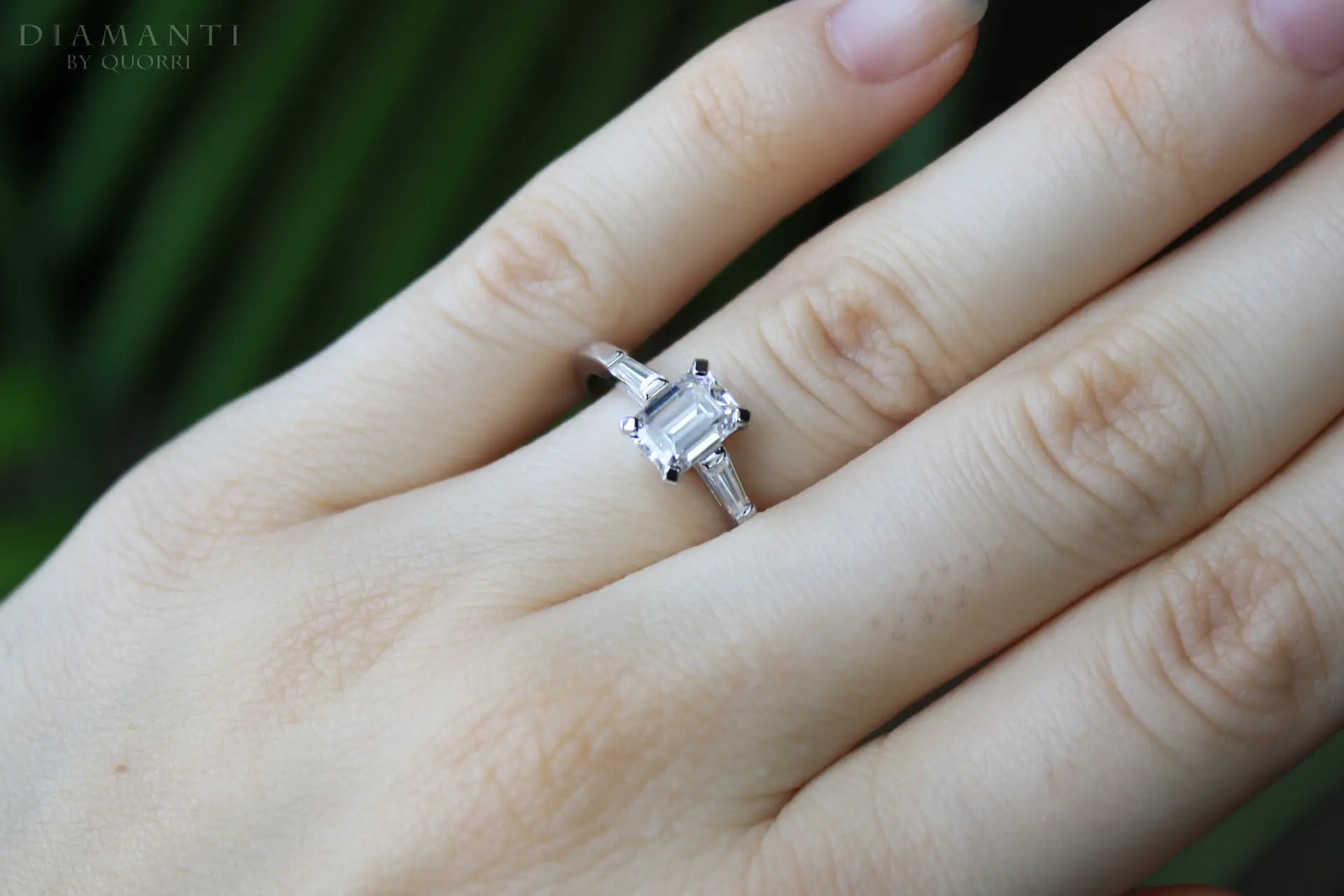 1.25 carat 14k white gold emerald and baguette three stone lab diamond engagement ring Quorri