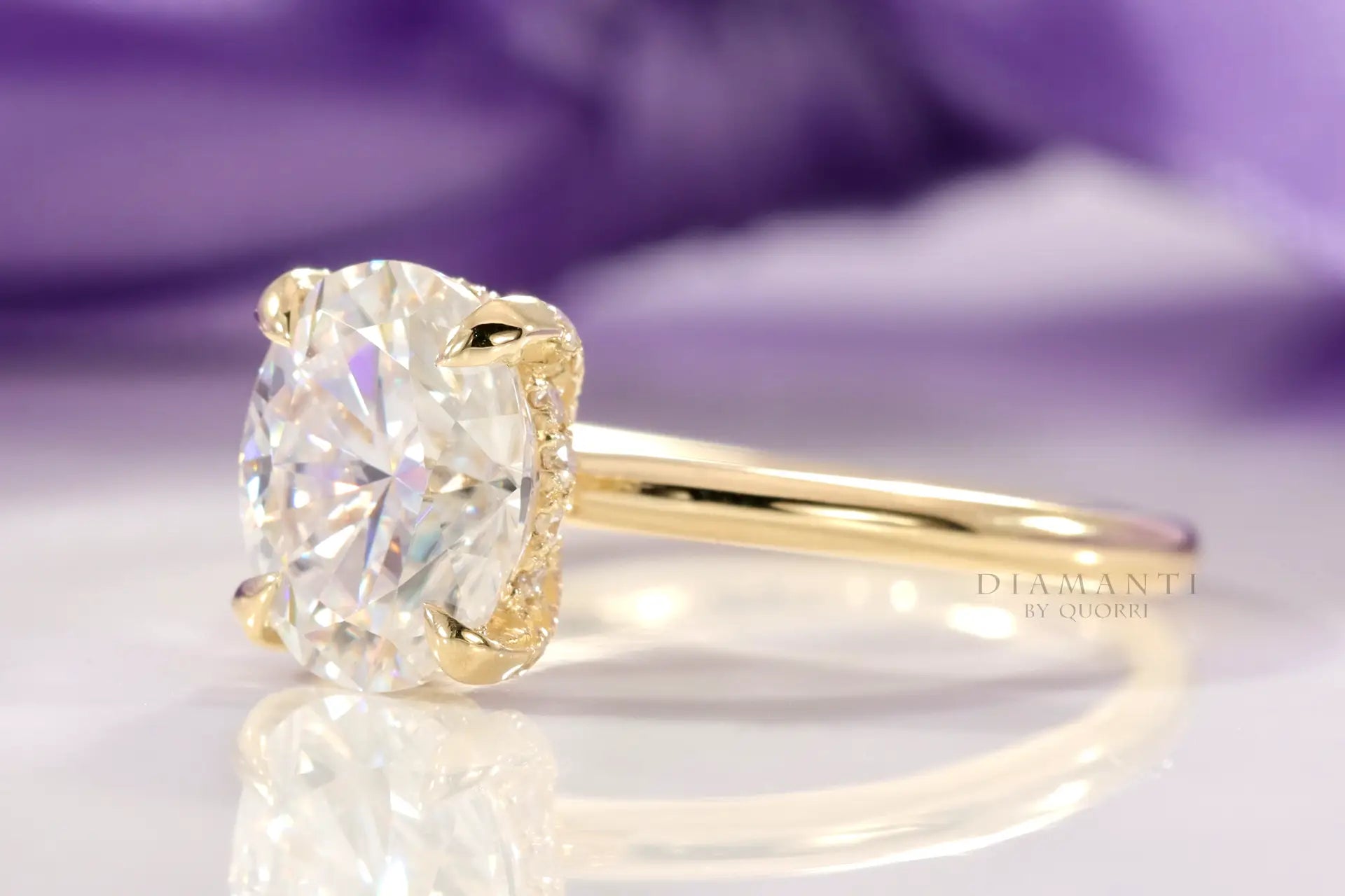 under-halo claw prong 18k yellow gold 2 carat oval lab diamond engagement ring Quorri