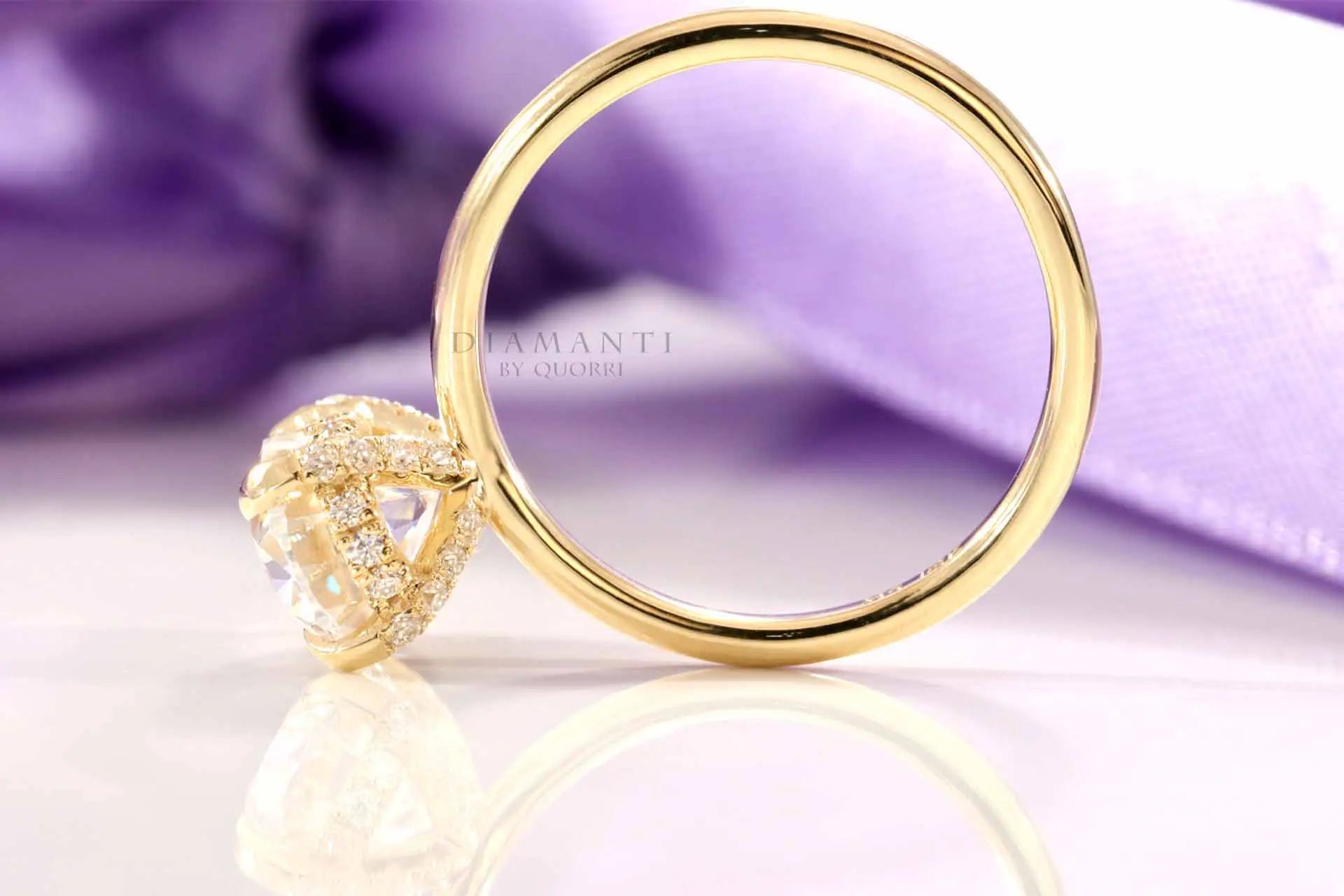 under-halo claw prong 18k yellow gold 3 carat oval lab growm diamond engagement ring Quorri