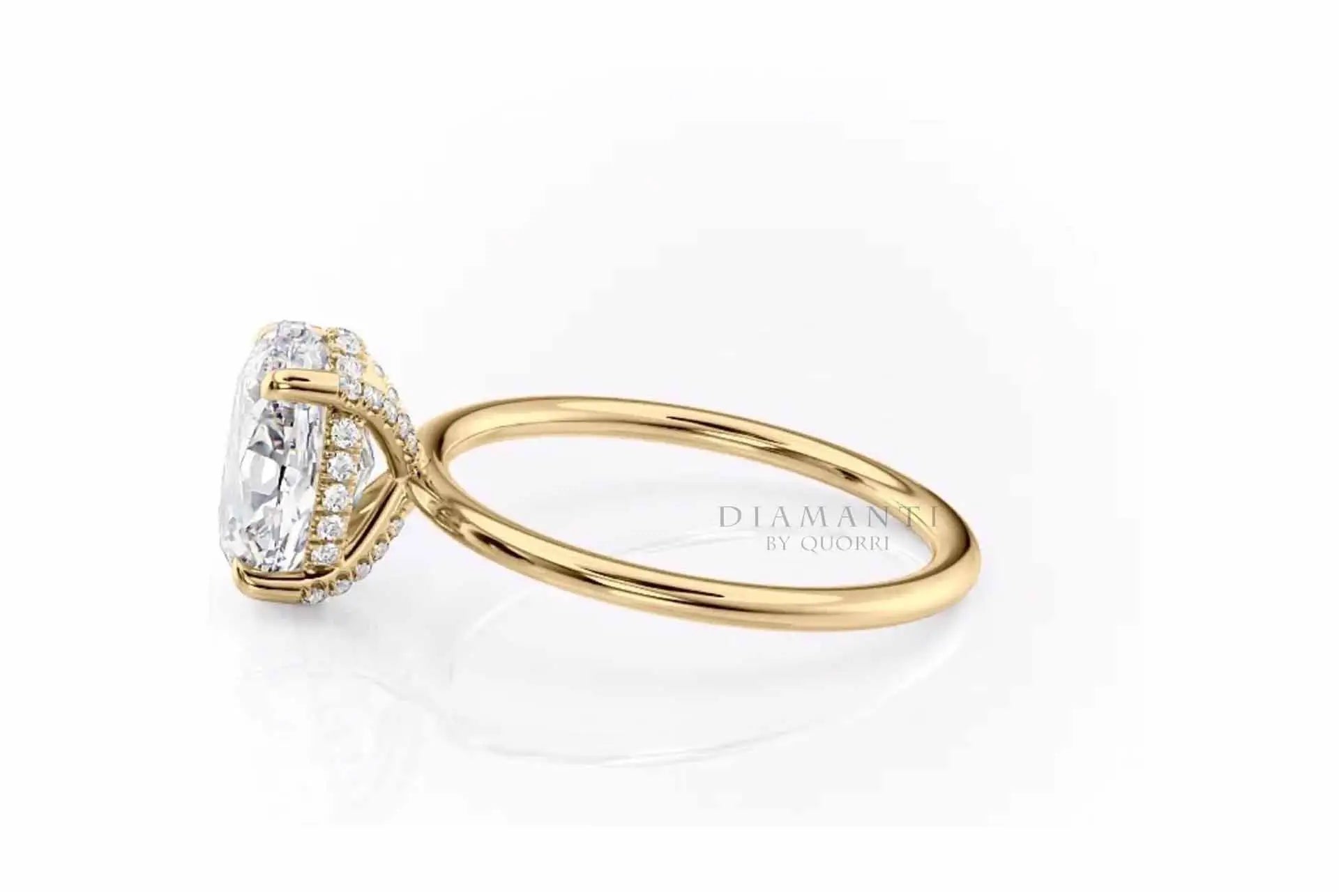 under-halo accented prongs 18k yellow gold 1.5 carat oval lab created diamond engagement ring Quorri
