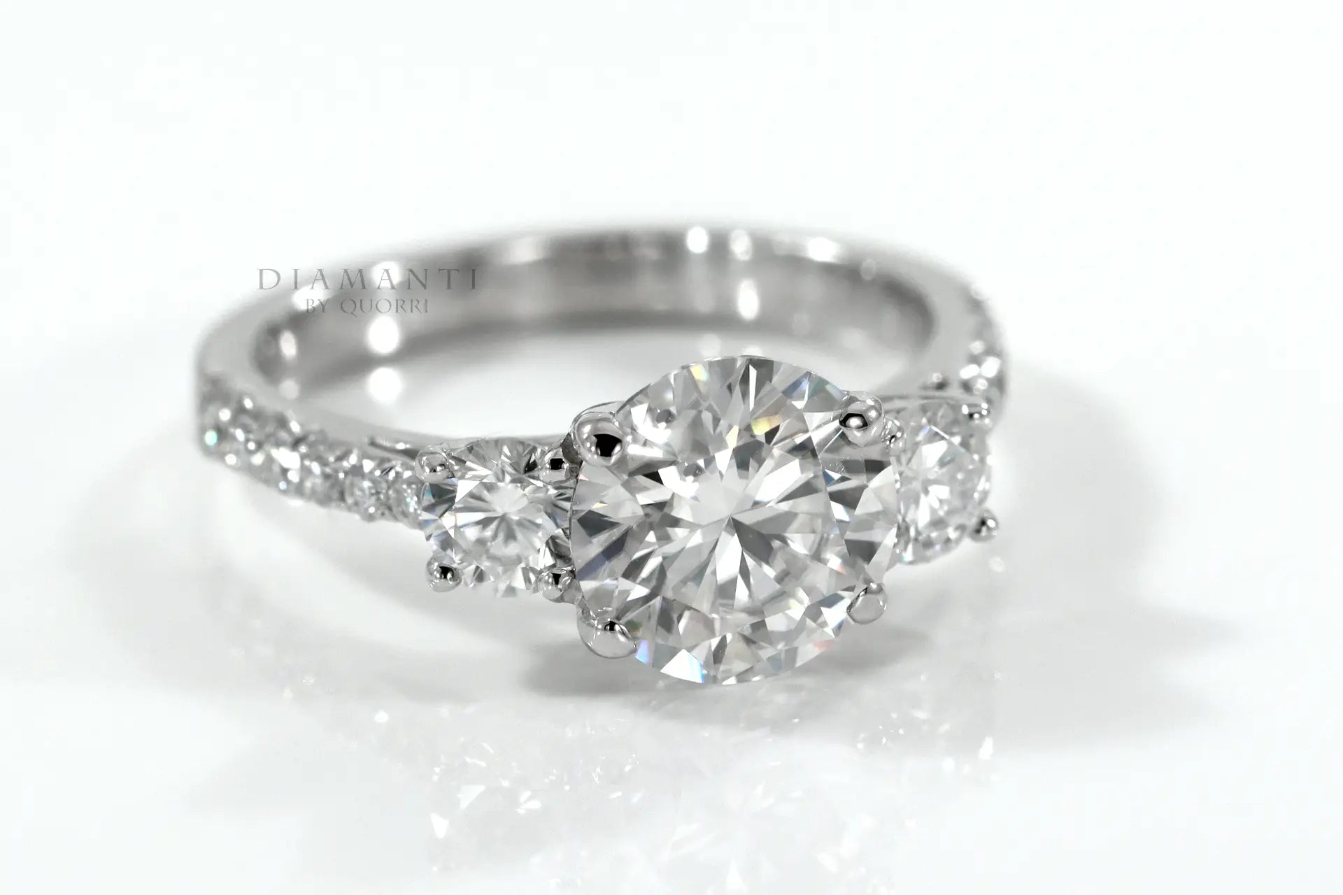 2 carat white gold three stone round lab diamond engagement ring Quorri