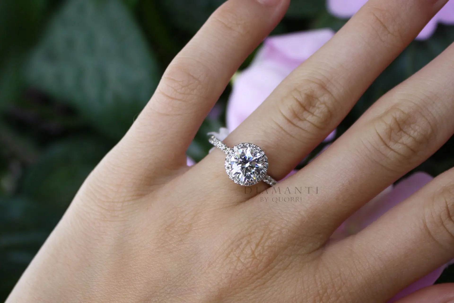 2 carat white gold accented halo round lab grown diamond engagement ring Quorri Canada