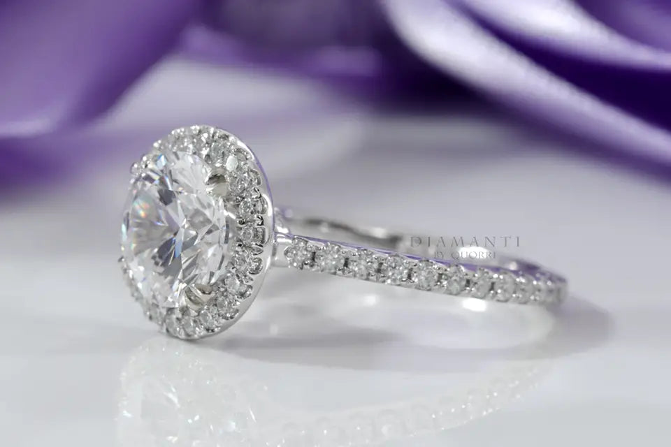 2 carat 14k white gold accented halo round lab grown diamond engagement ring Quorri