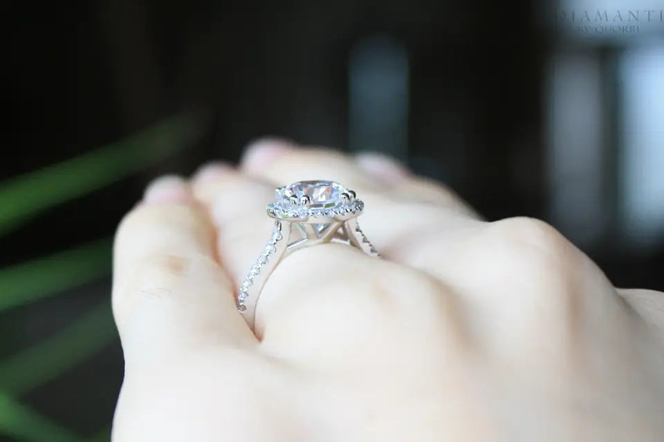accented  2 carat 18k  white gold round halo lab diamond engagement ring Quorri