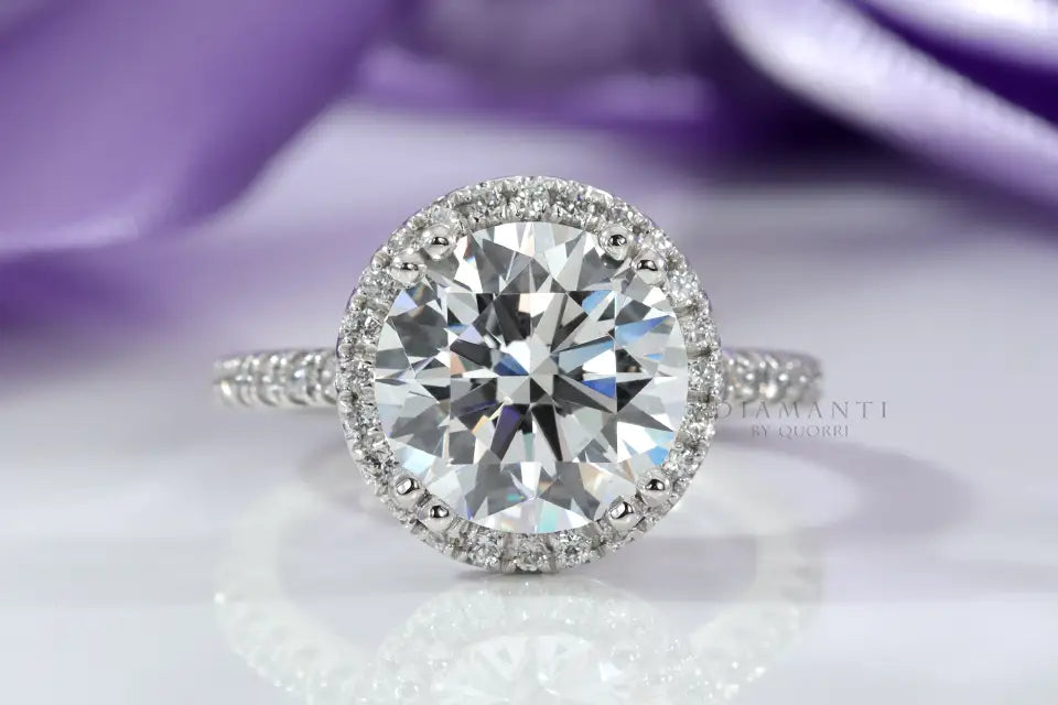 3 carat 18k white gold accented halo round lab diamond engagement ring Quorri Canada