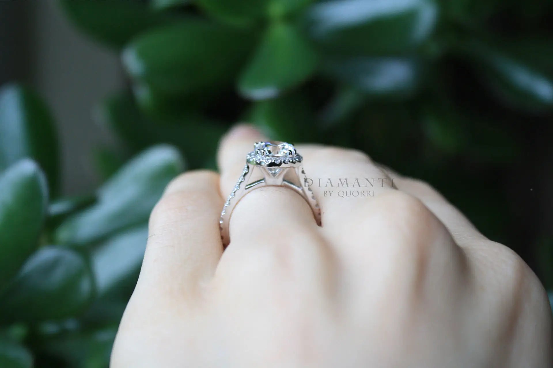 2 carat 18k white gold accented halo round lab created diamond engagement ring Quorri Toronto Canada