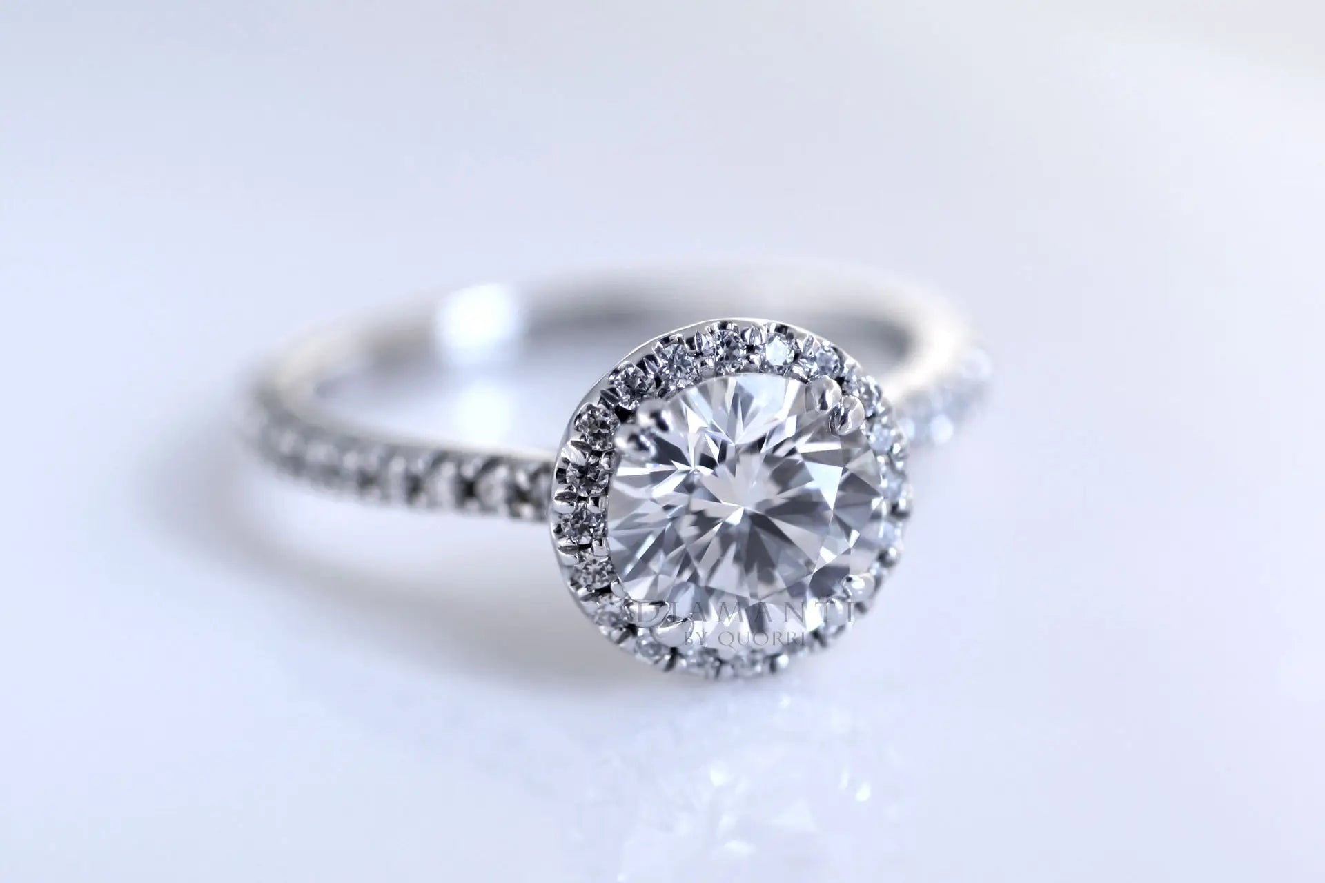 1ct  carat 14k white gold accented halo round lab grown diamond engagement ring Quorri