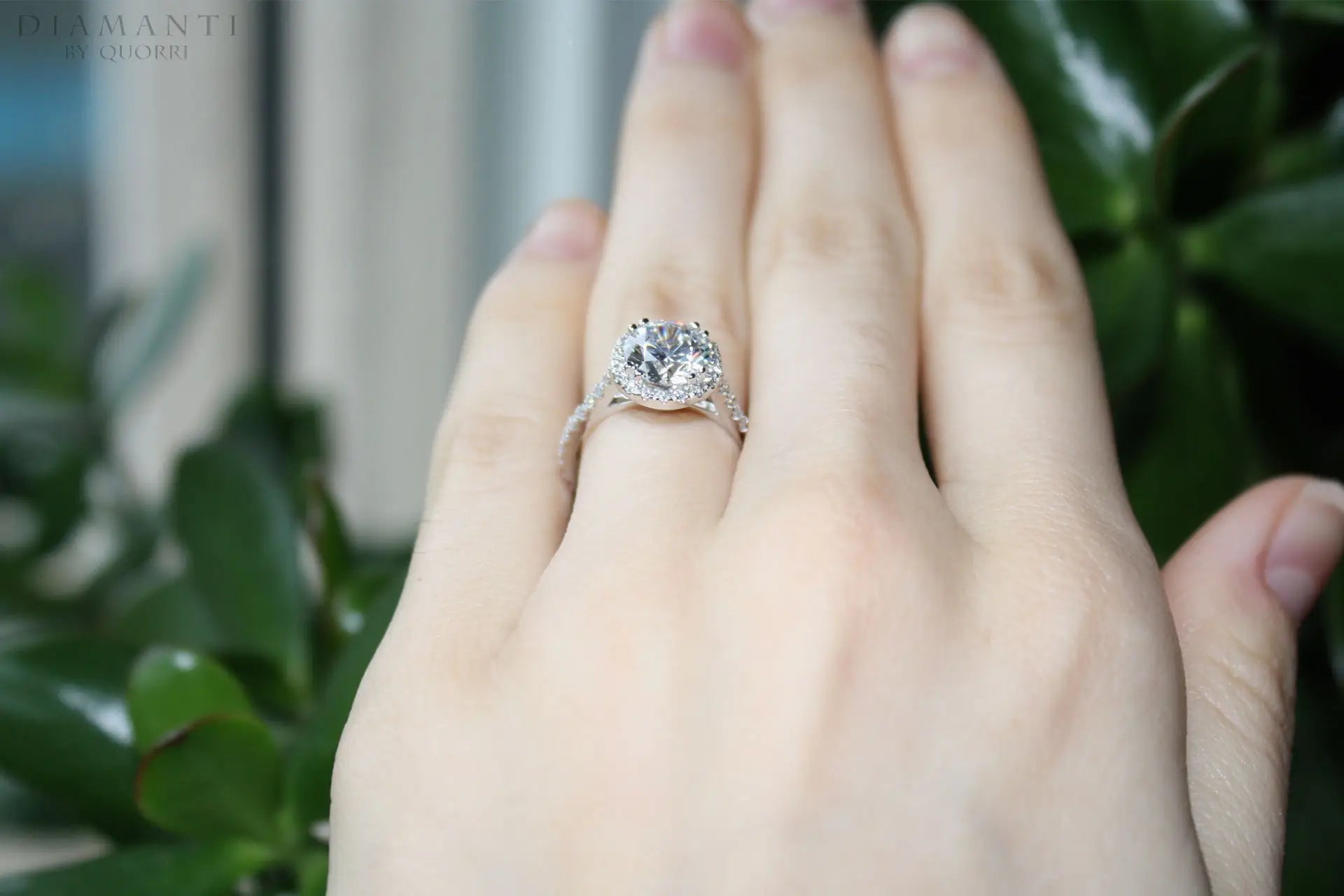 2.5 carat 18k white gold accented halo round lab made diamond engagement ring Quorri Canada