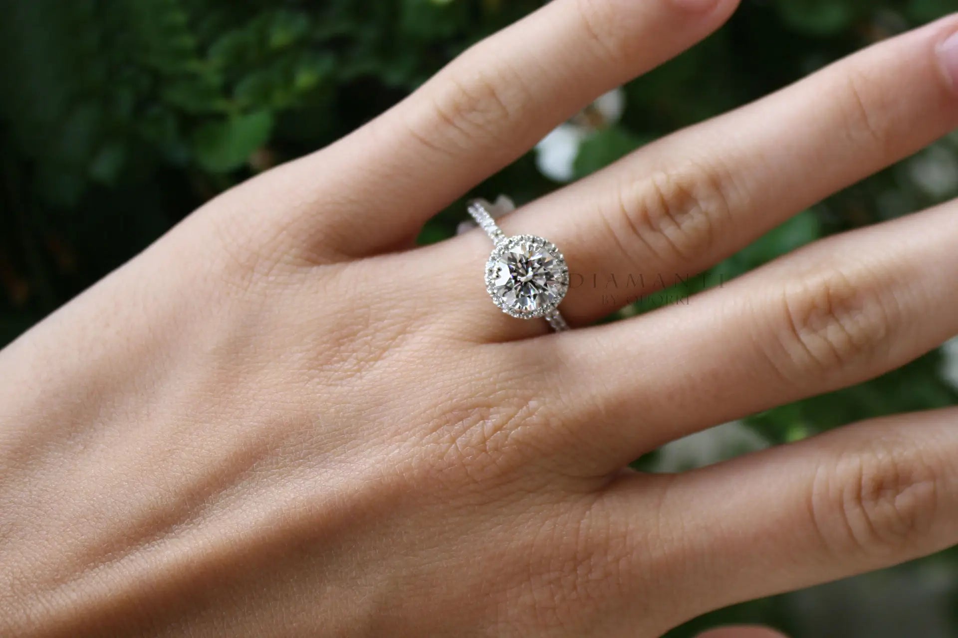 2.25 carat platinum accented halo round lab created diamond engagement ring Quorri