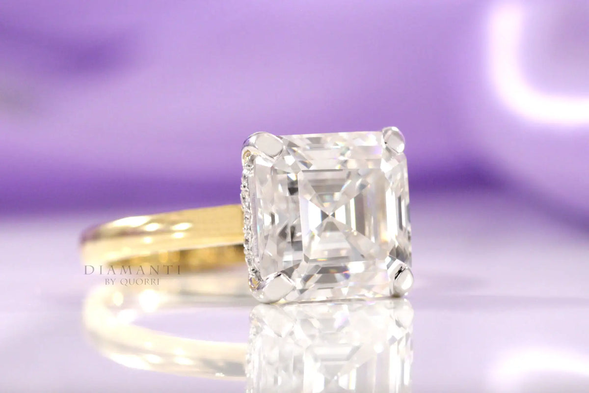 two-tone affordable under-halo asscher lab diamond engagement ring Quorri