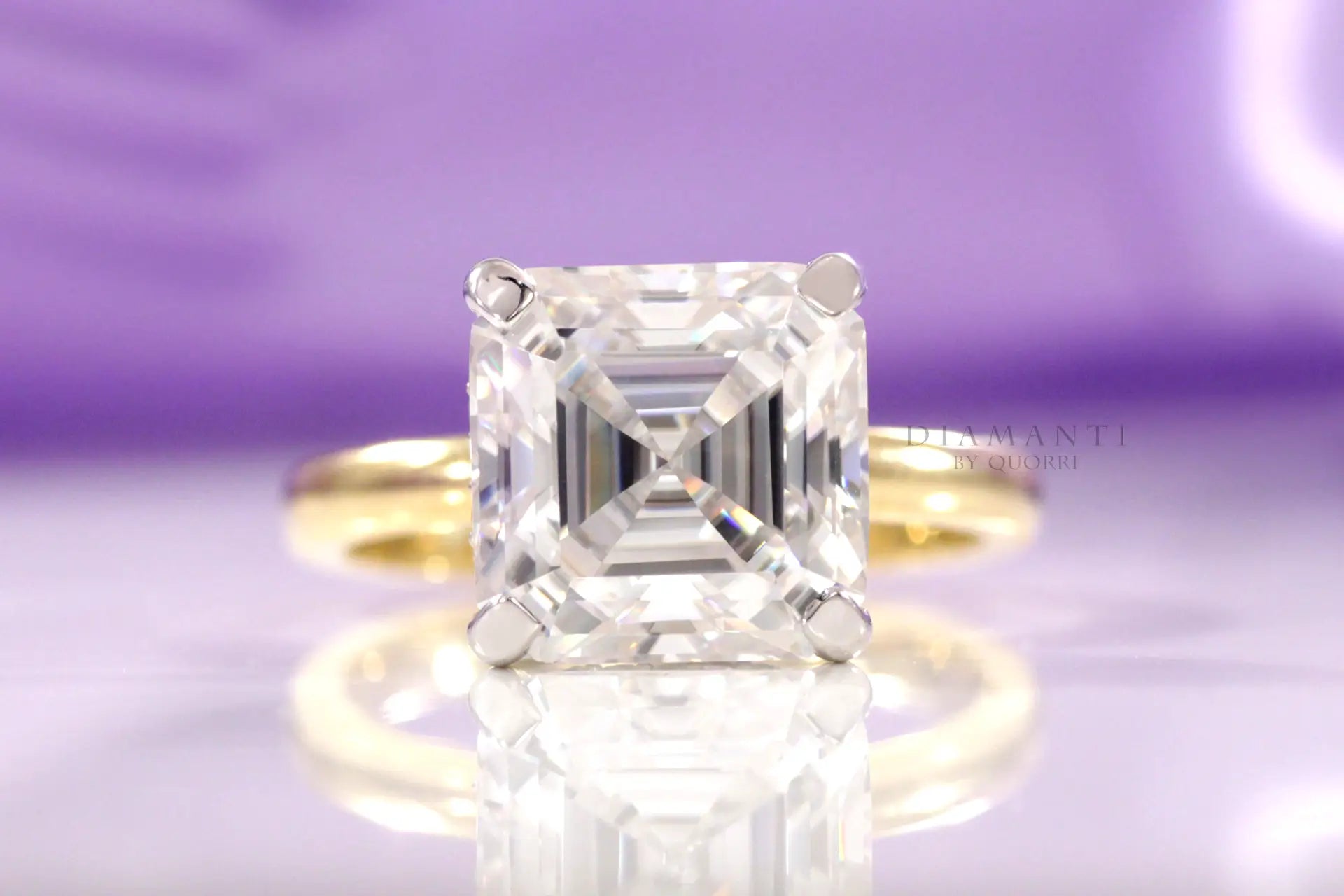 3.5 carat two-tone affordable under-halo asscher lab diamond engagement ring Quorri