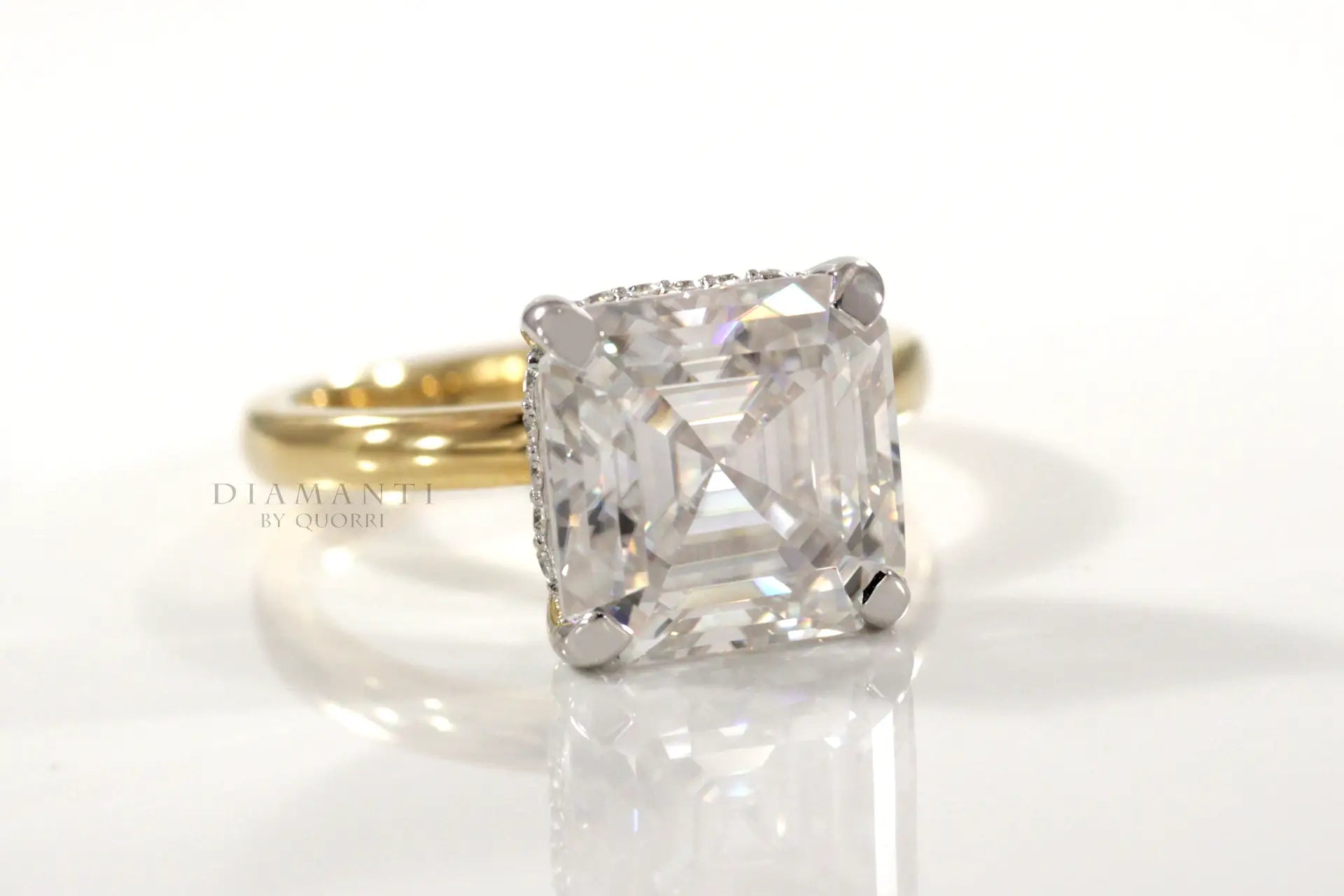 two-tone gold affordable under-halo asscher lab grown diamond engagement ring Quorri