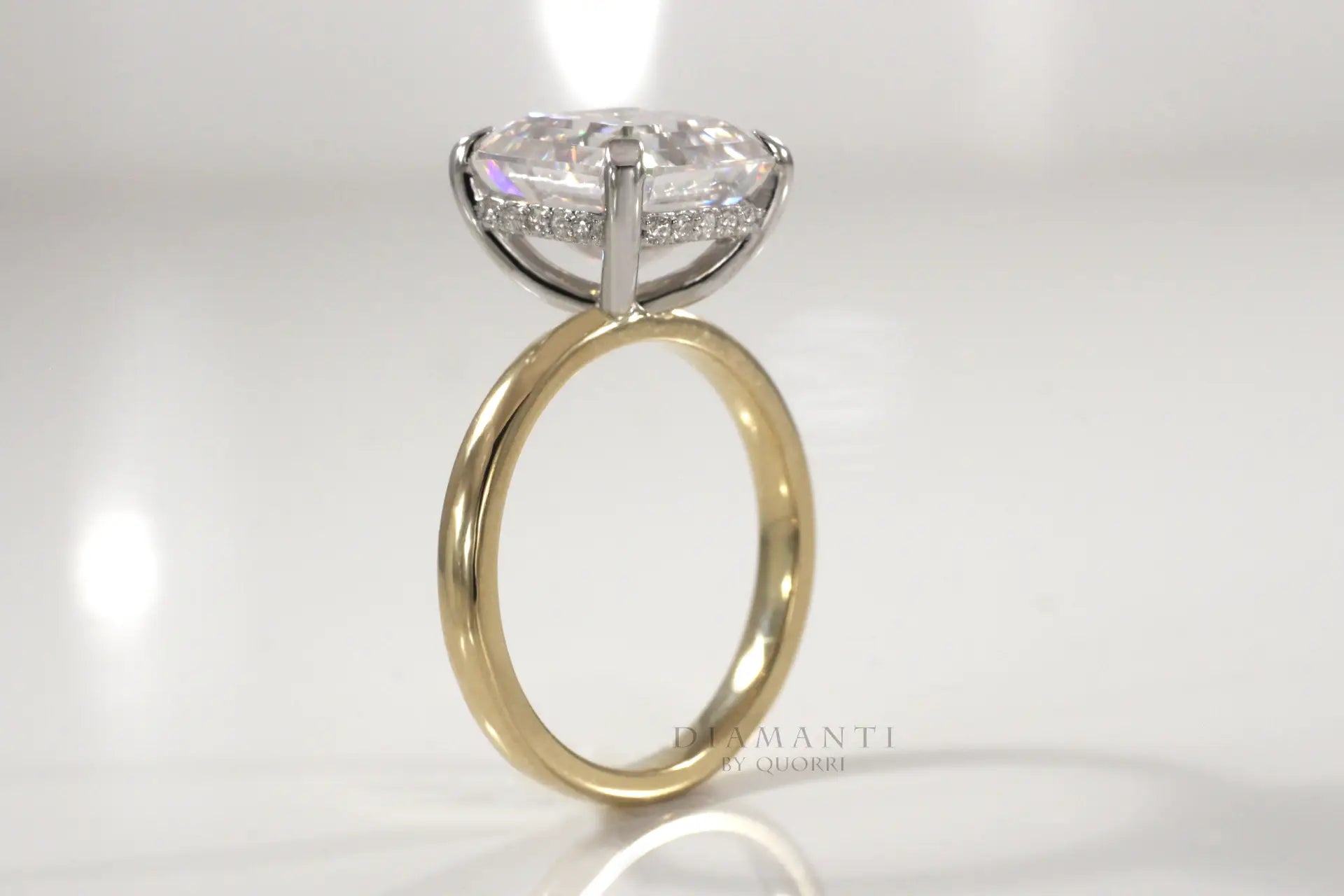 two-tone affordable under-halo 4 carat asscher lab created diamond engagement ring Quorri