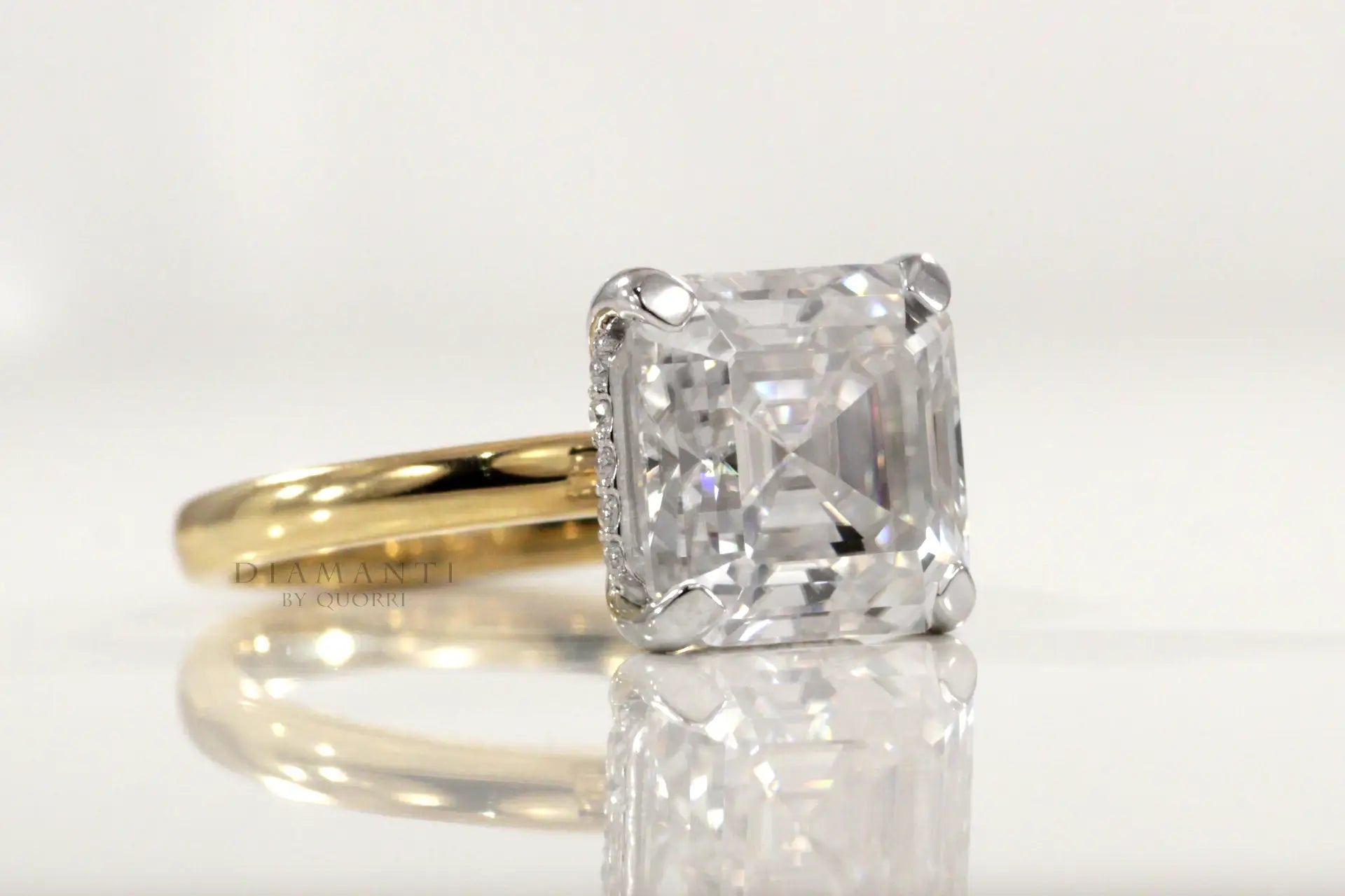 two-tone white and yellow gold affordable under-halo asscher lab diamond engagement ring Quorri