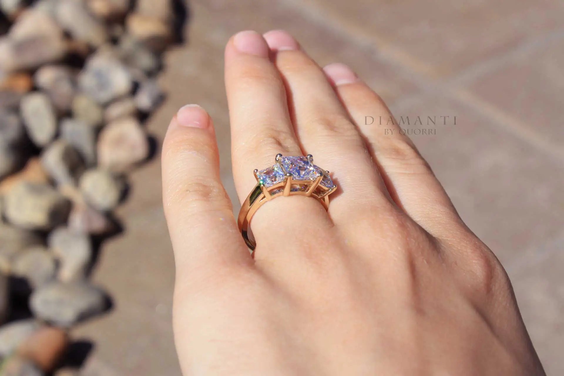 rose gold three stone trilogy 2.5ct princess lab created diamond engagement ring