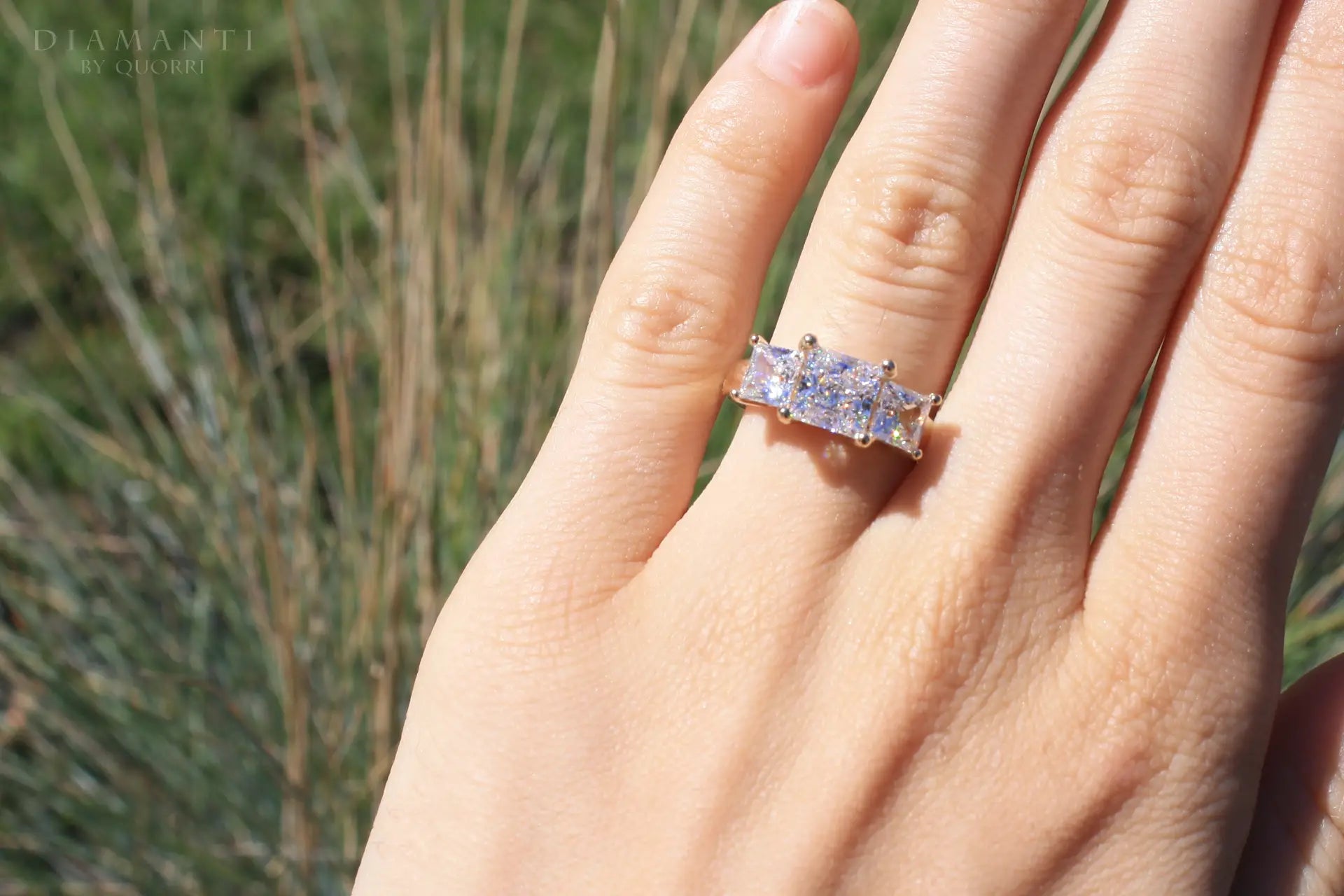 3ct rose gold three stone trilogy princess lab diamond engagement ring Quorri Canada