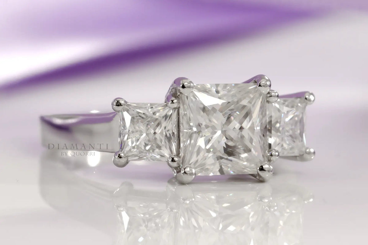 platinum three stone trilogy 3 carat princess lab diamond engagement ring Quorri