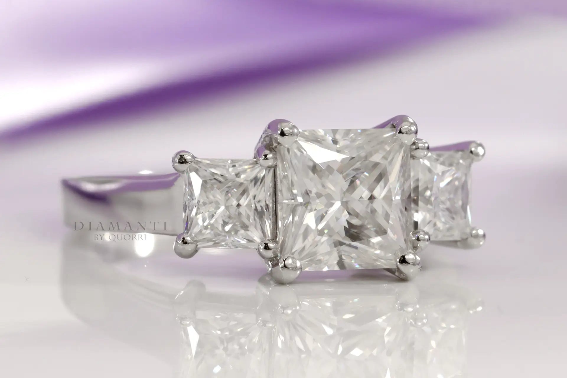 platinum three stone trilogy 3 carat princess lab diamond engagement ring Quorri