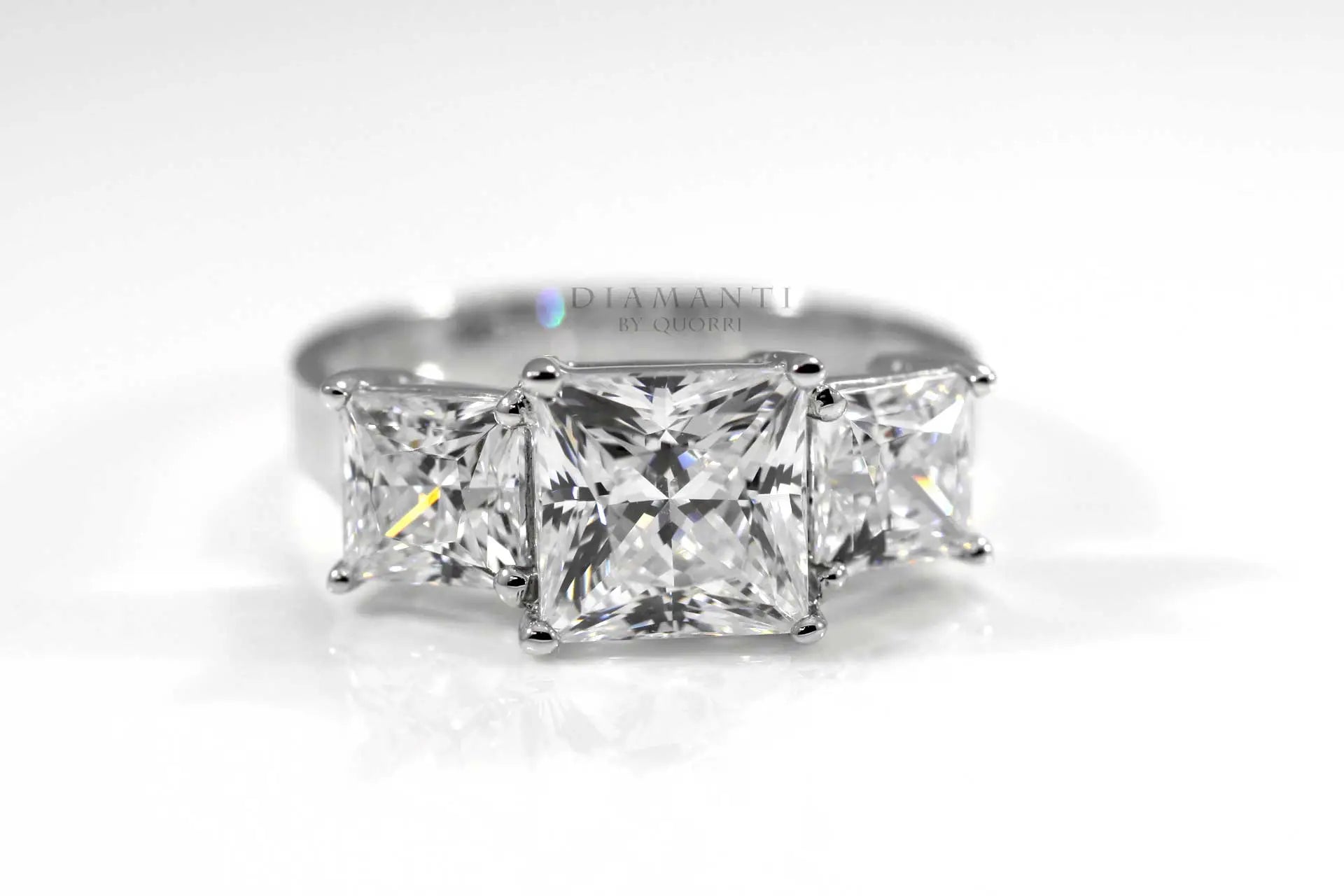 three stone trilogy princess lab diamond engagement ring