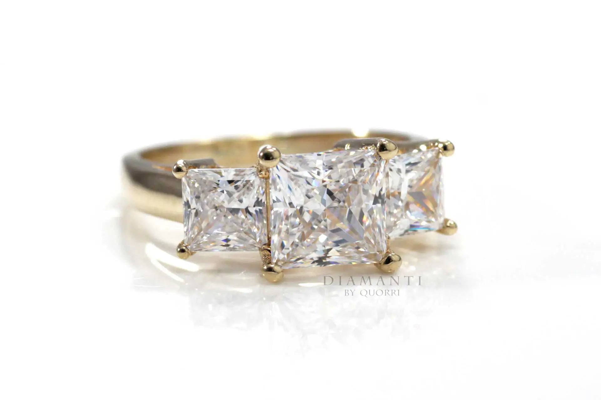14k yellow gold three stone trilogy 2.5ct princess lab grown diamond engagement ring