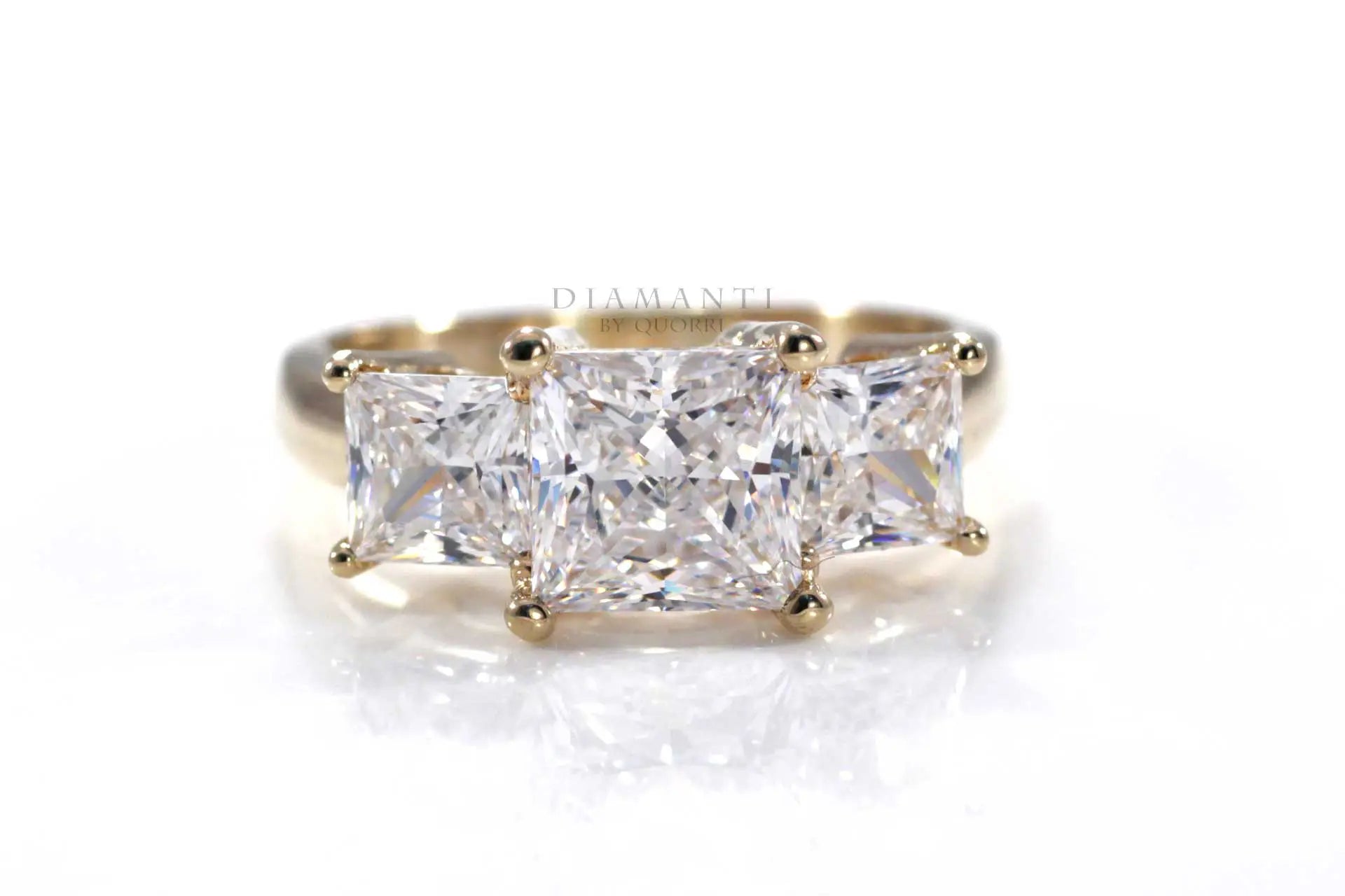 yellow gold three stone trilogy 3 carat princess lab diamond engagement ring Quorri