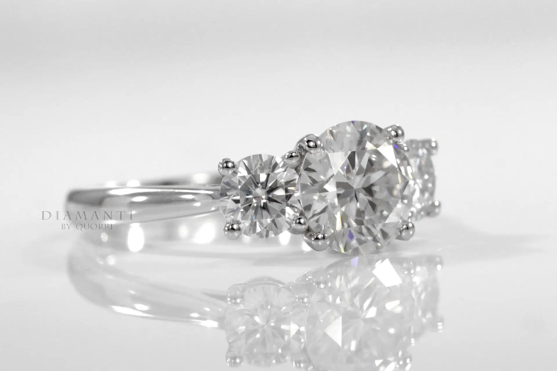 affordable 18k white gold three stone trilogy round lab grown diamond engagement ring