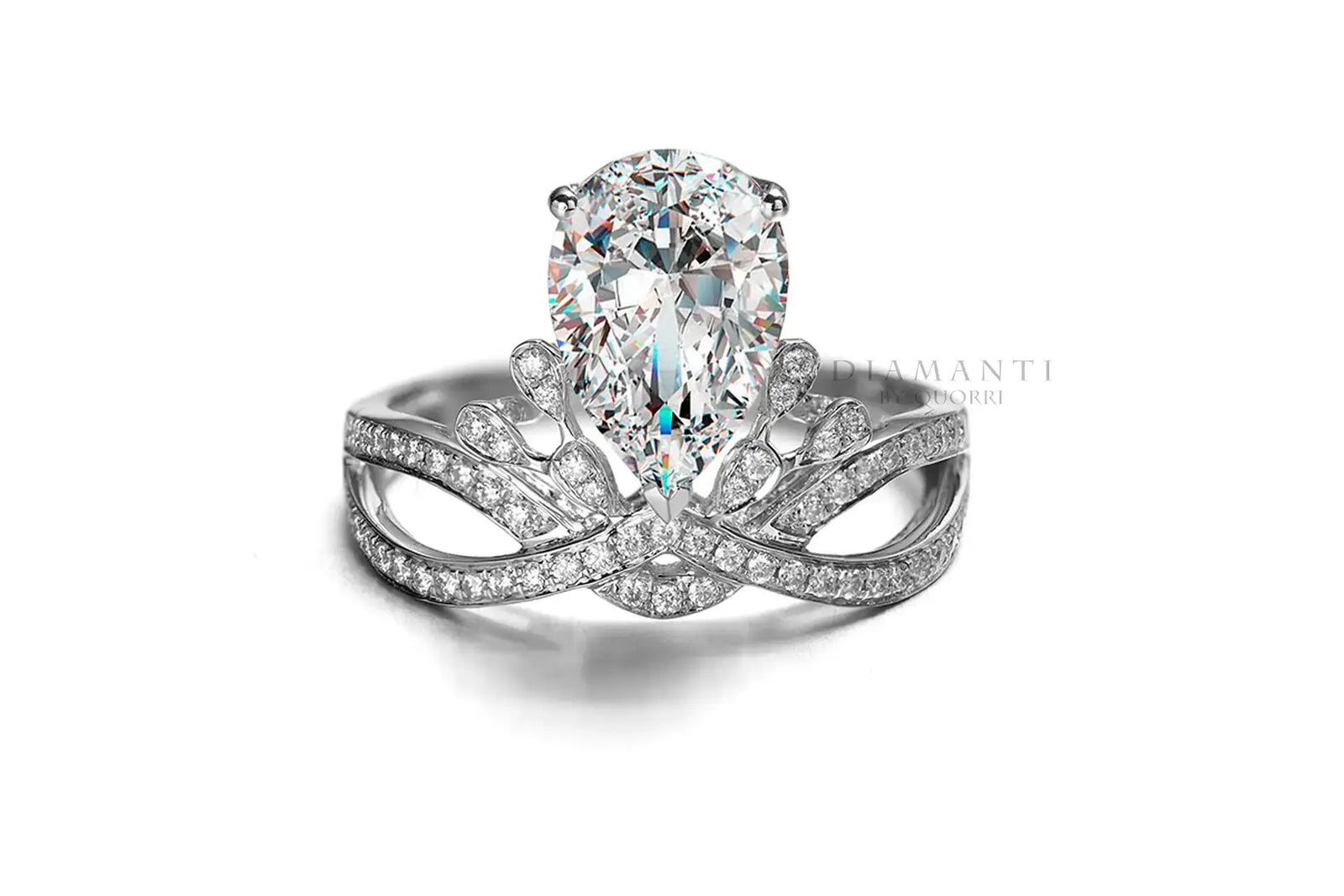 18k white gold designer accented 3 carat pear lab diamond engagement ring at Quorri