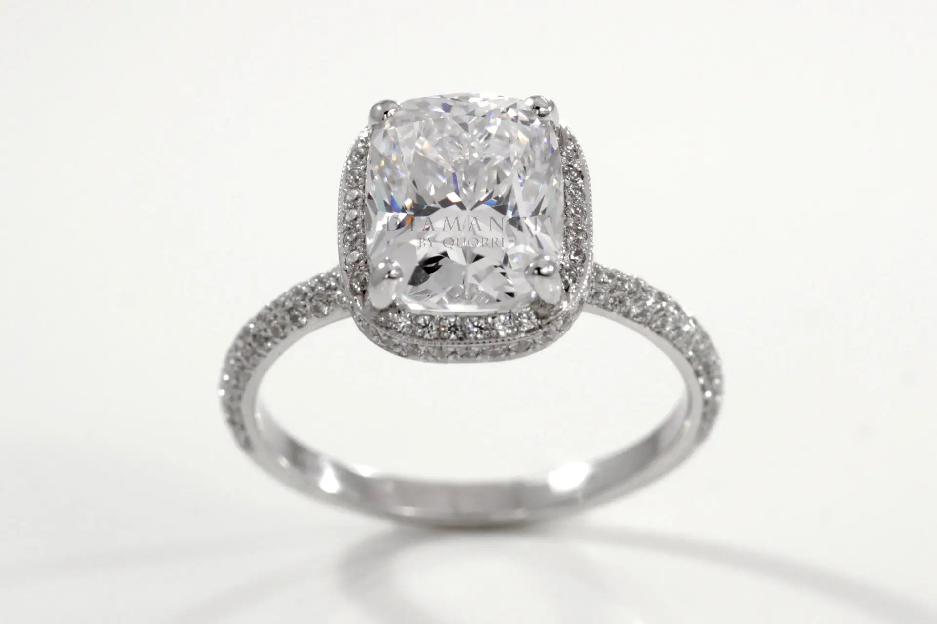 18k white gold designer elongated cushion halo lab diamond engagement ring Quorri
