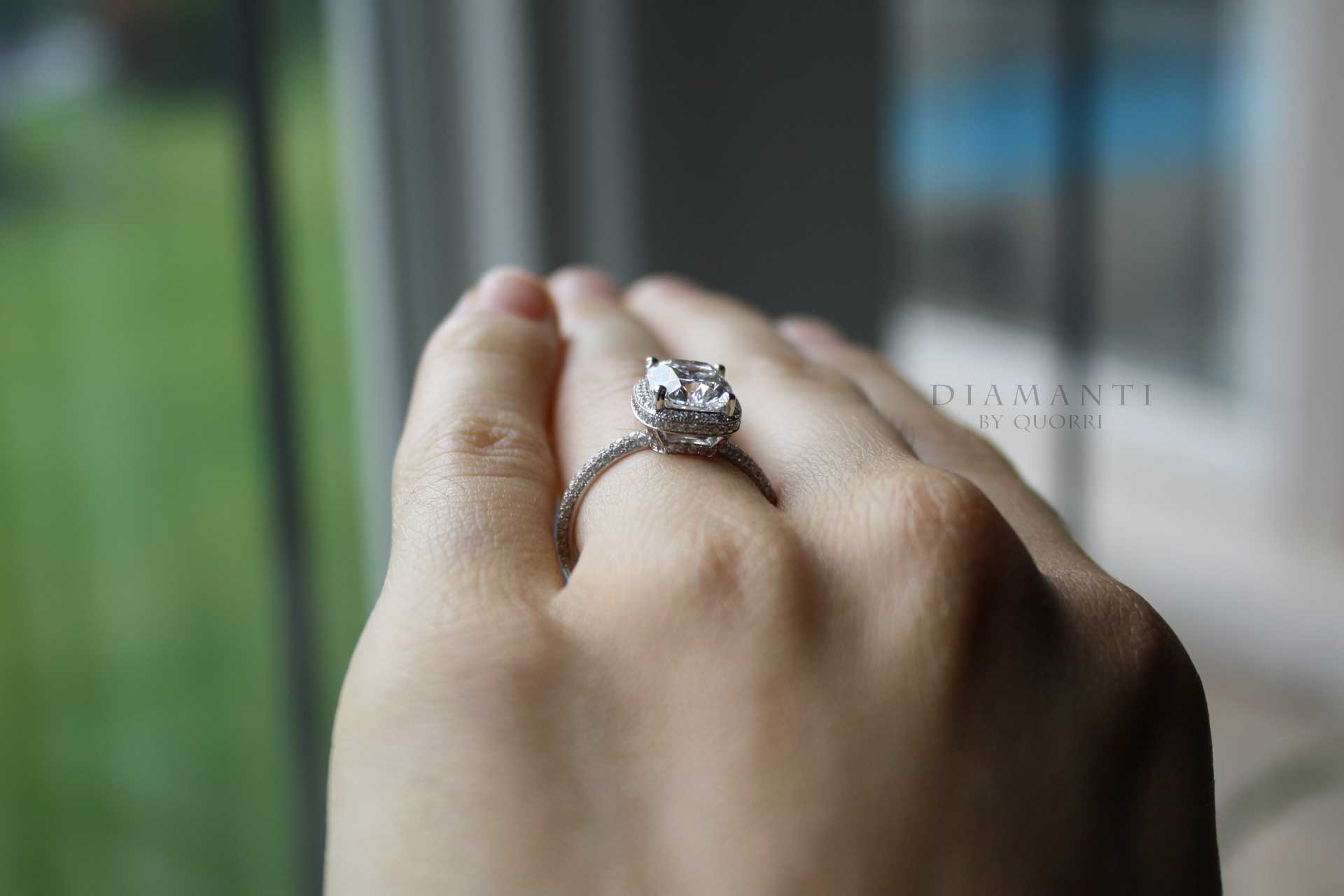 2 carat white gold designer elongated cushion halo lab diamond engagement ring Quorri