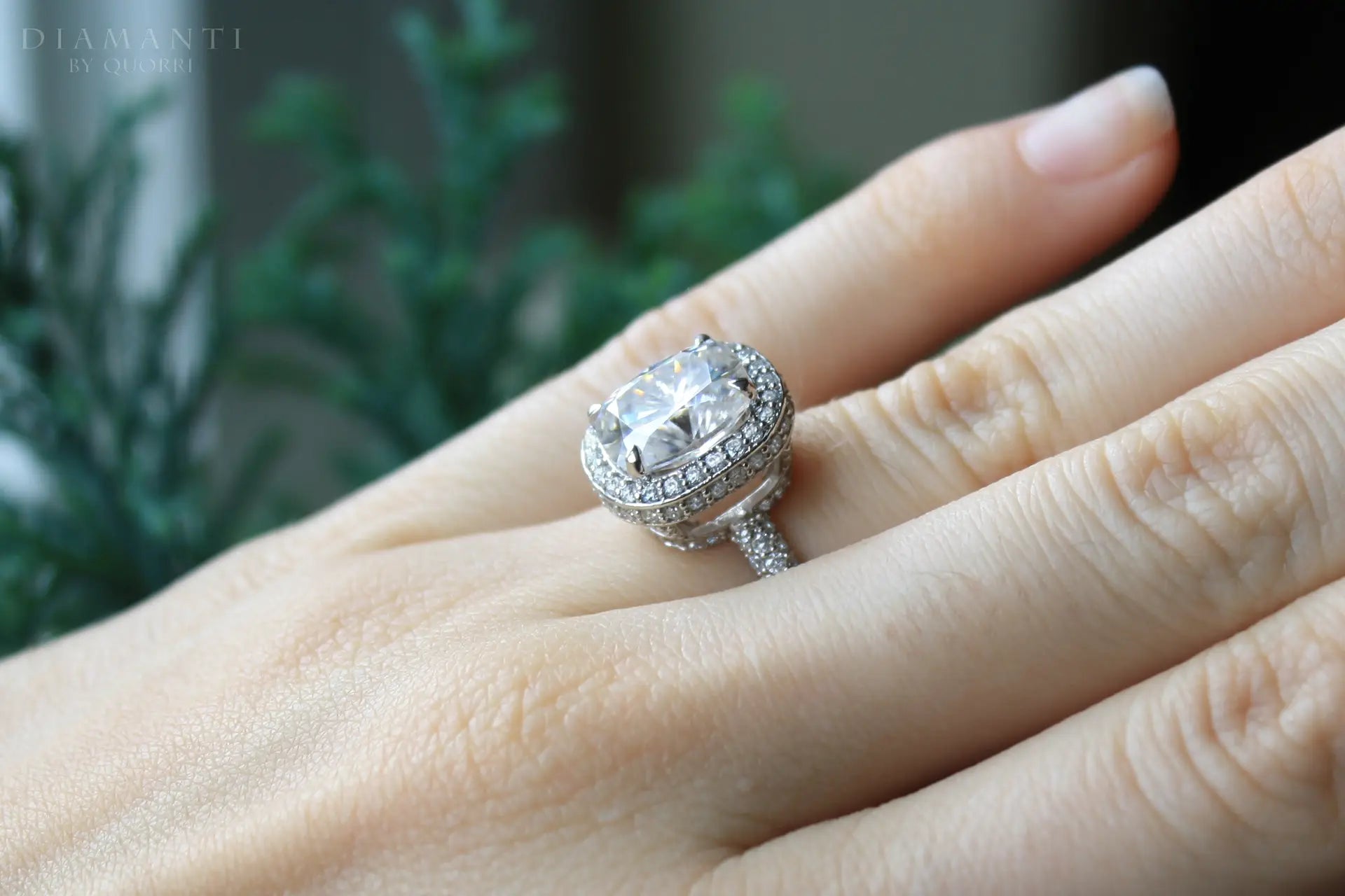 4 carat platinum designer elongated cushion halo lab grown diamond engagement ring Quorri