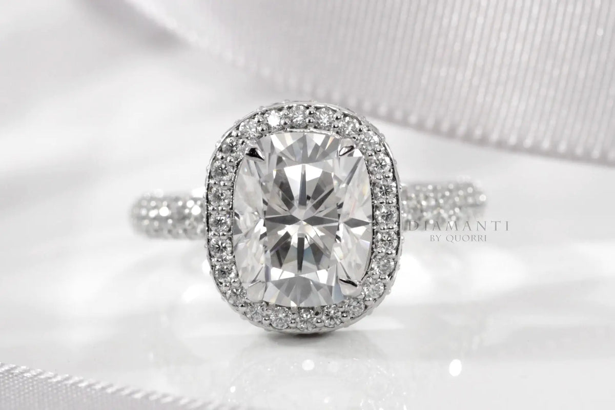 designer elongated cushion halo lab diamond engagement ring Quorri