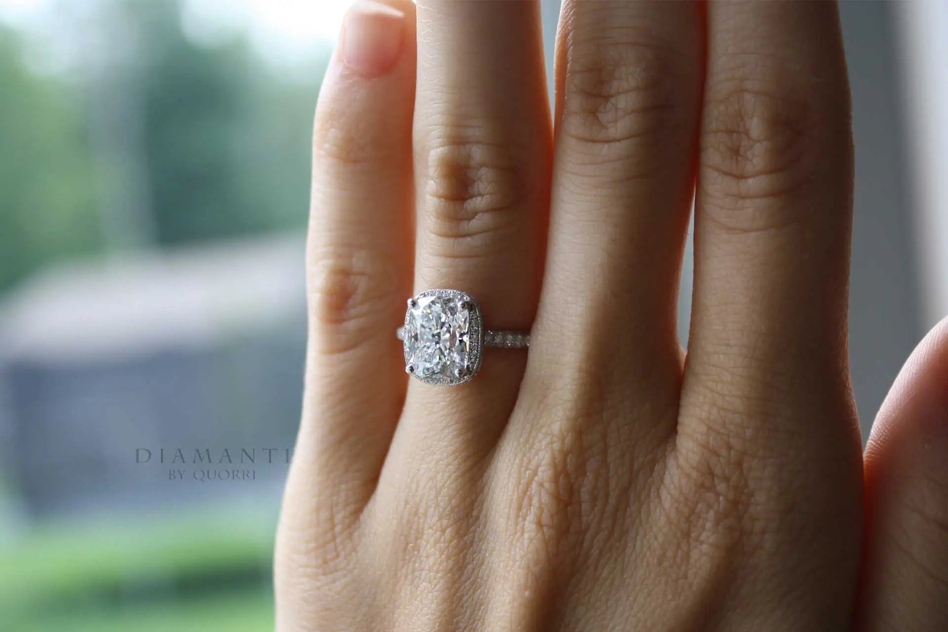 2.5 carat white gold designer elongated cushion halo lab grown diamond engagement ring Quorri