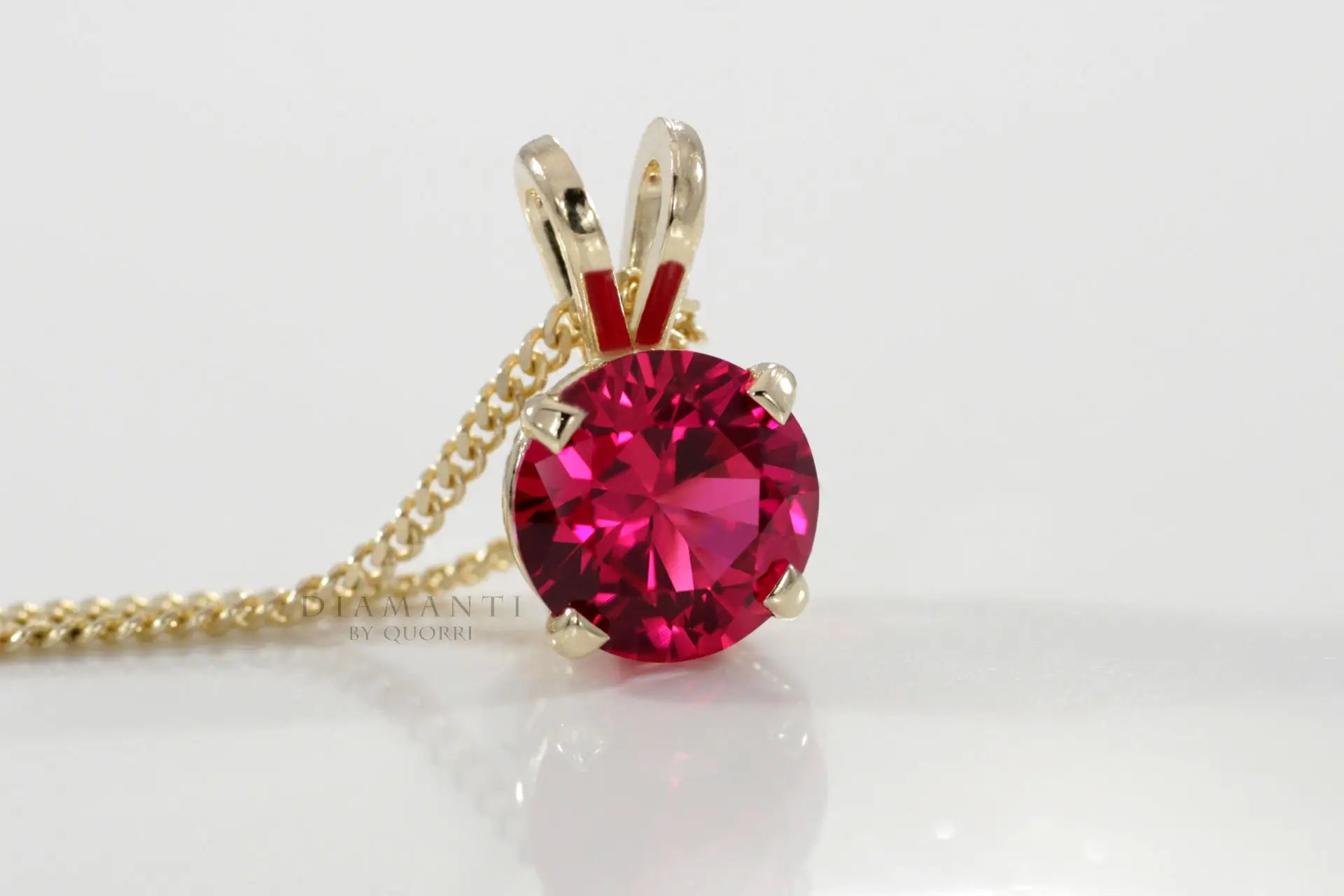 18k yellow gold synthetic blood red ruby solitare necklace pendant Quorri