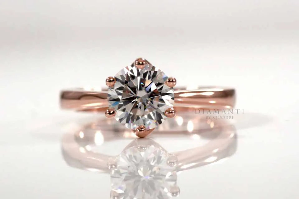 six prong 14k rose gold solitaire lab diamond engagement ring
