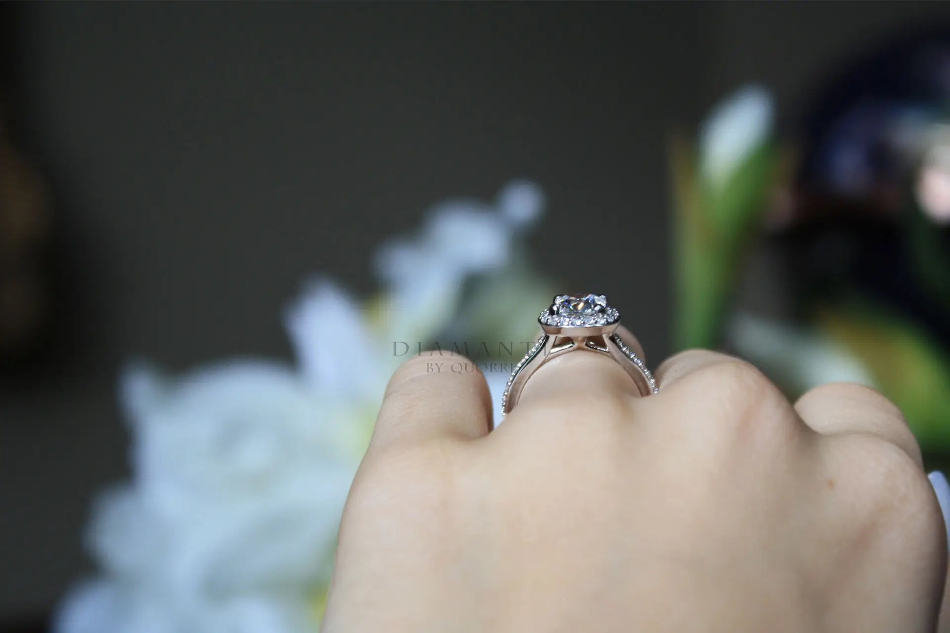 18k white gold 1 carat cushion halo lab created diamond engagement ring Canada