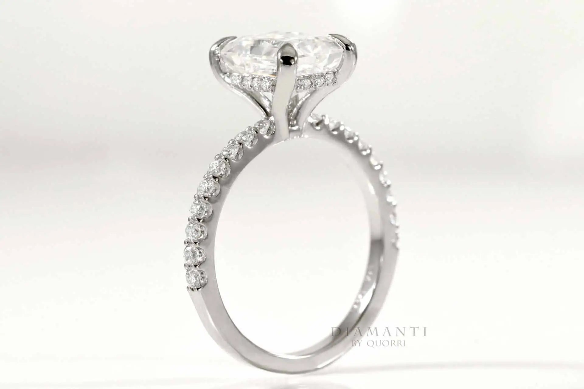 14k gold claw prong accented under-halo 2 carat radiant lab diamond engagement ring Quorri
