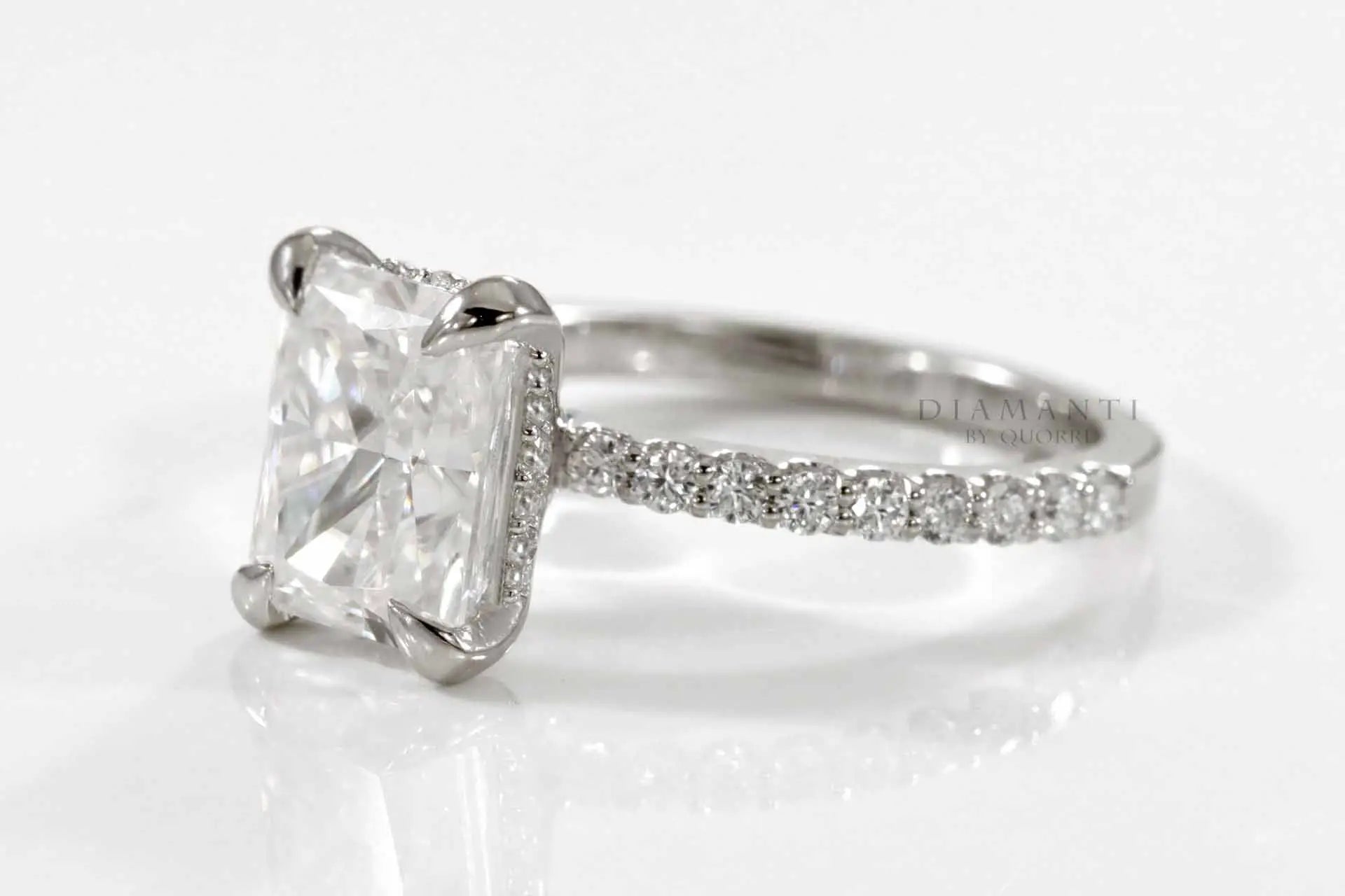 claw prong accented under-halo radiant lab diamond engagement ring Quorri