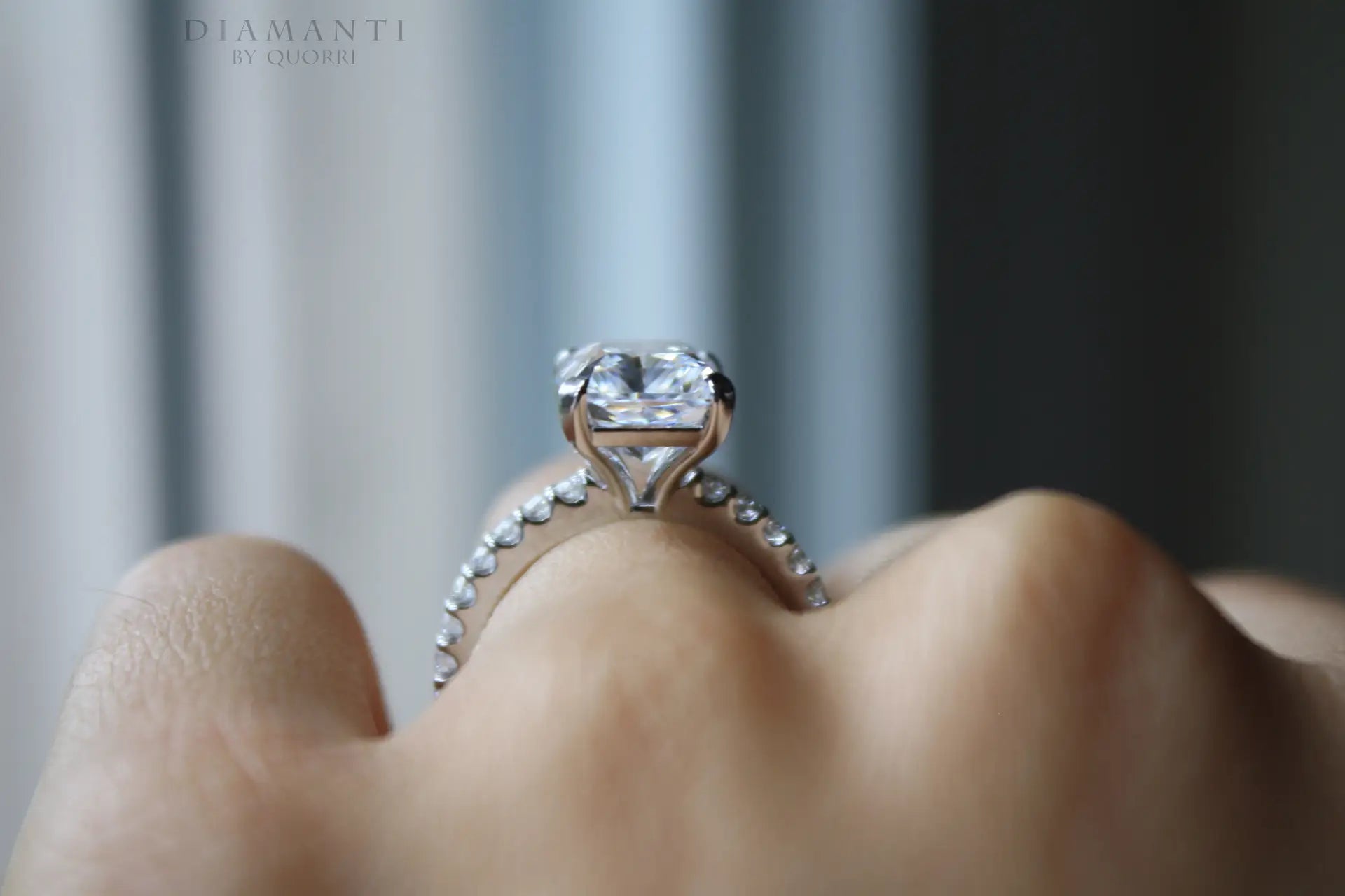 designer affordable radiant cut lab diamond accented engagement ring at Quorri Canada