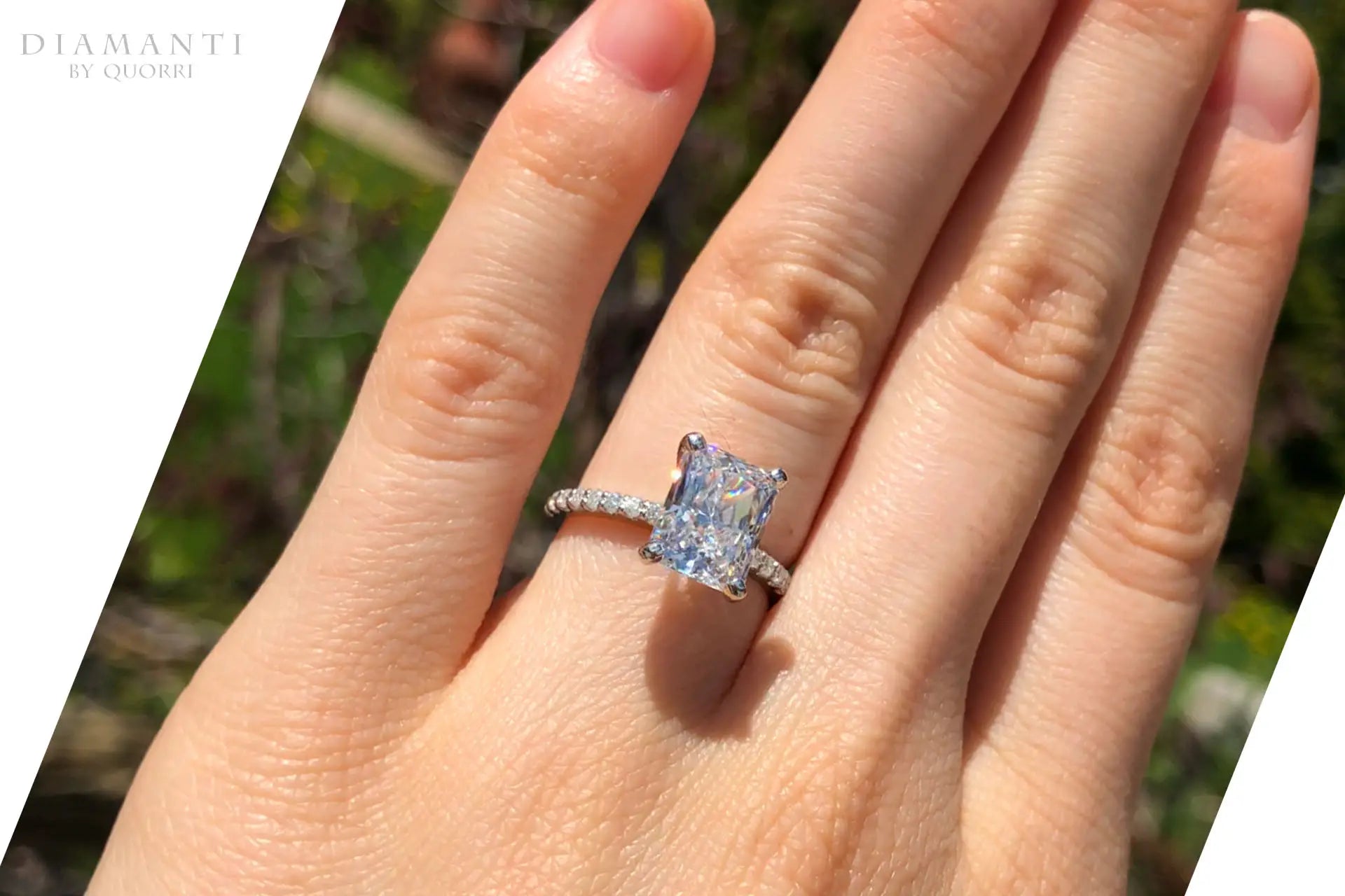 platinum accented under-halo 3 carat radiant lab created diamond engagement ring Quorri