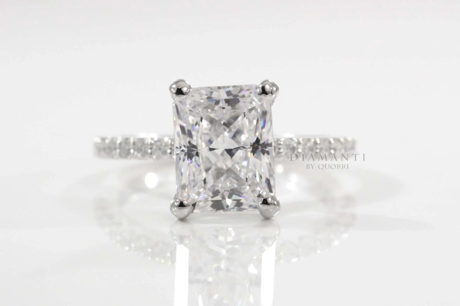 Platinum affordable 3ct radiant cut lab diamond accented engagement ring Quorri