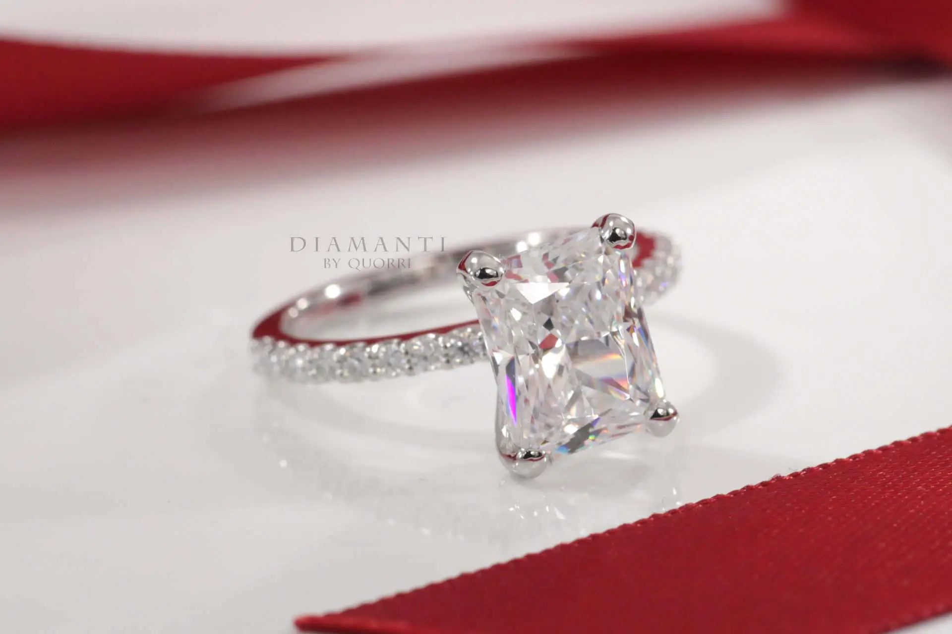 14k white gold accented under-halo 3 carat radiant lab created diamond engagement ring Quorri