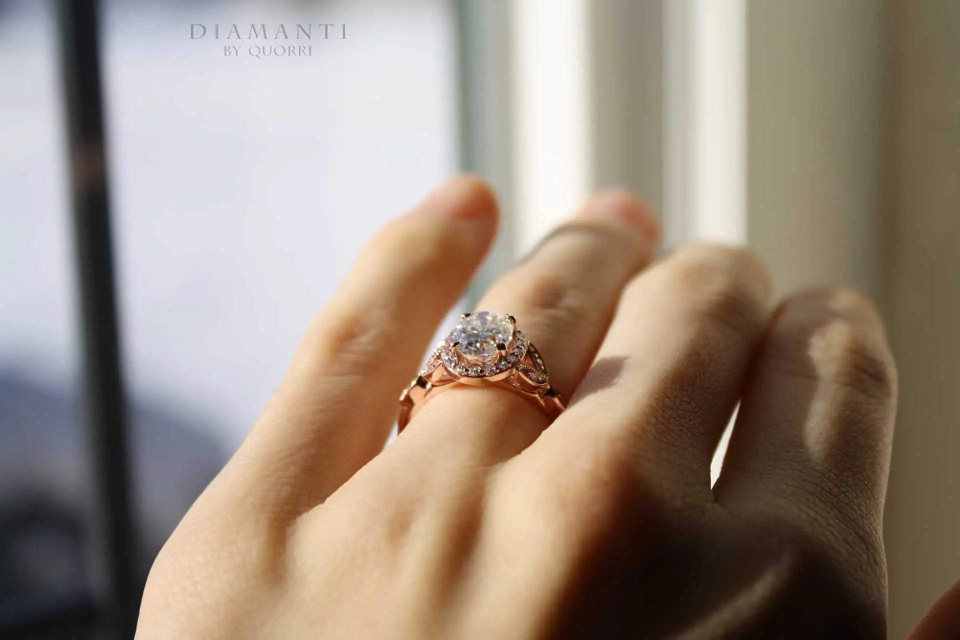 affordable vintage 18k rose gold oval lab diamond engagement ring Quorri