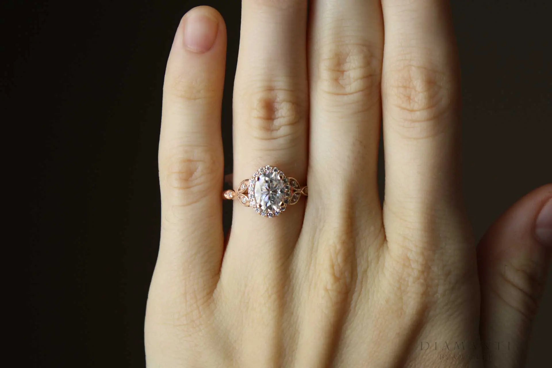 vintage 14k rose gold 1.75ct oval lab diamond engagement ring Quorri Canada