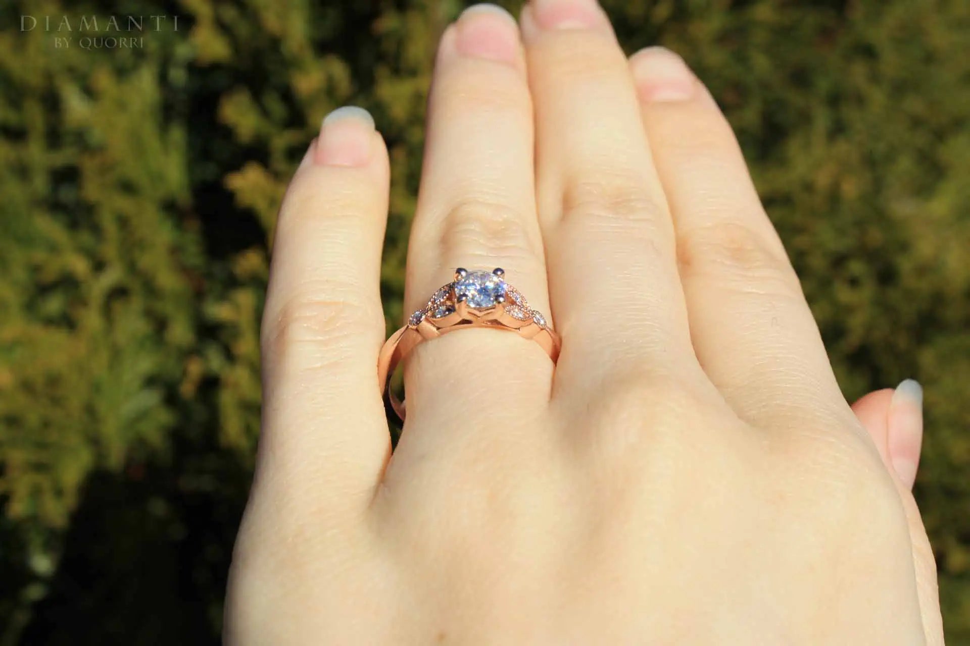 affordable vintage 18k rose gold accented 1 carat round lab made diamond engagement ring Quorri