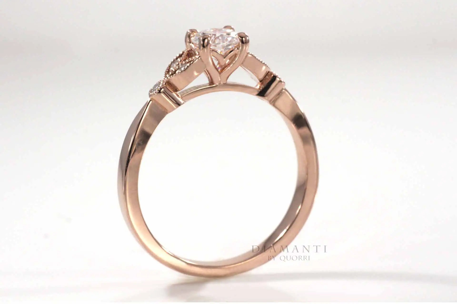 antique vintage 14k rose gold accented 1.25 carat round lab diamond engagement ring Quorri Canada