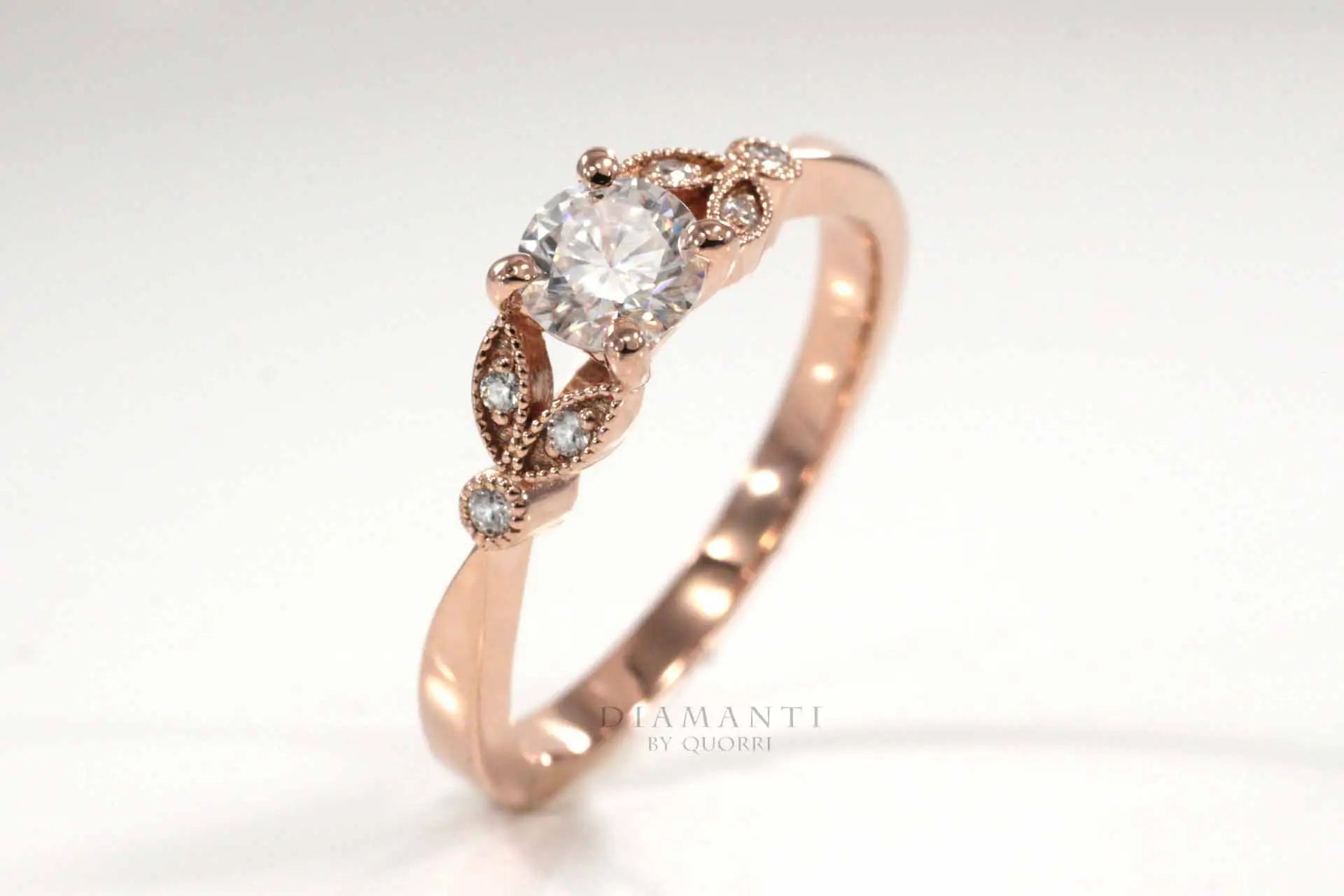 antique vintage rose gold accented 1.5 carat round lab diamond engagement ring Quorri Toronto Canada